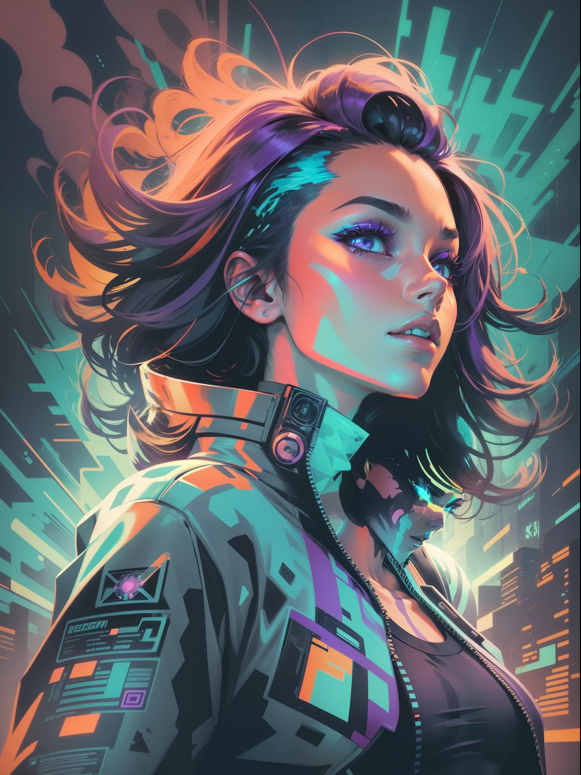 imagens que representem o estilo grafite do sol, Incorporando elementos de uma linda mulher dj. Use a neon color palette to convey a sense of technology.