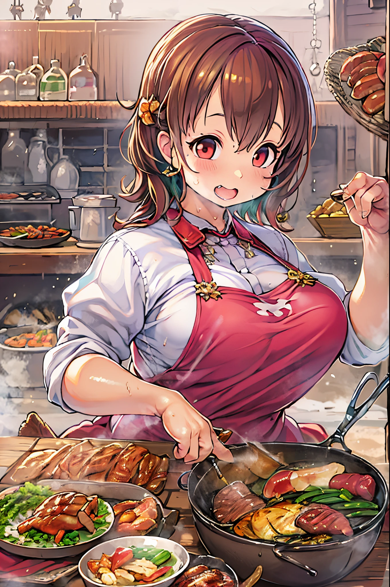 WRC style, Woman, ???? pose, The appearance of a seductive appearance, Apron, kitchin, medieval setting、bbw、grill yakiniku、Grilling meat、Flesh