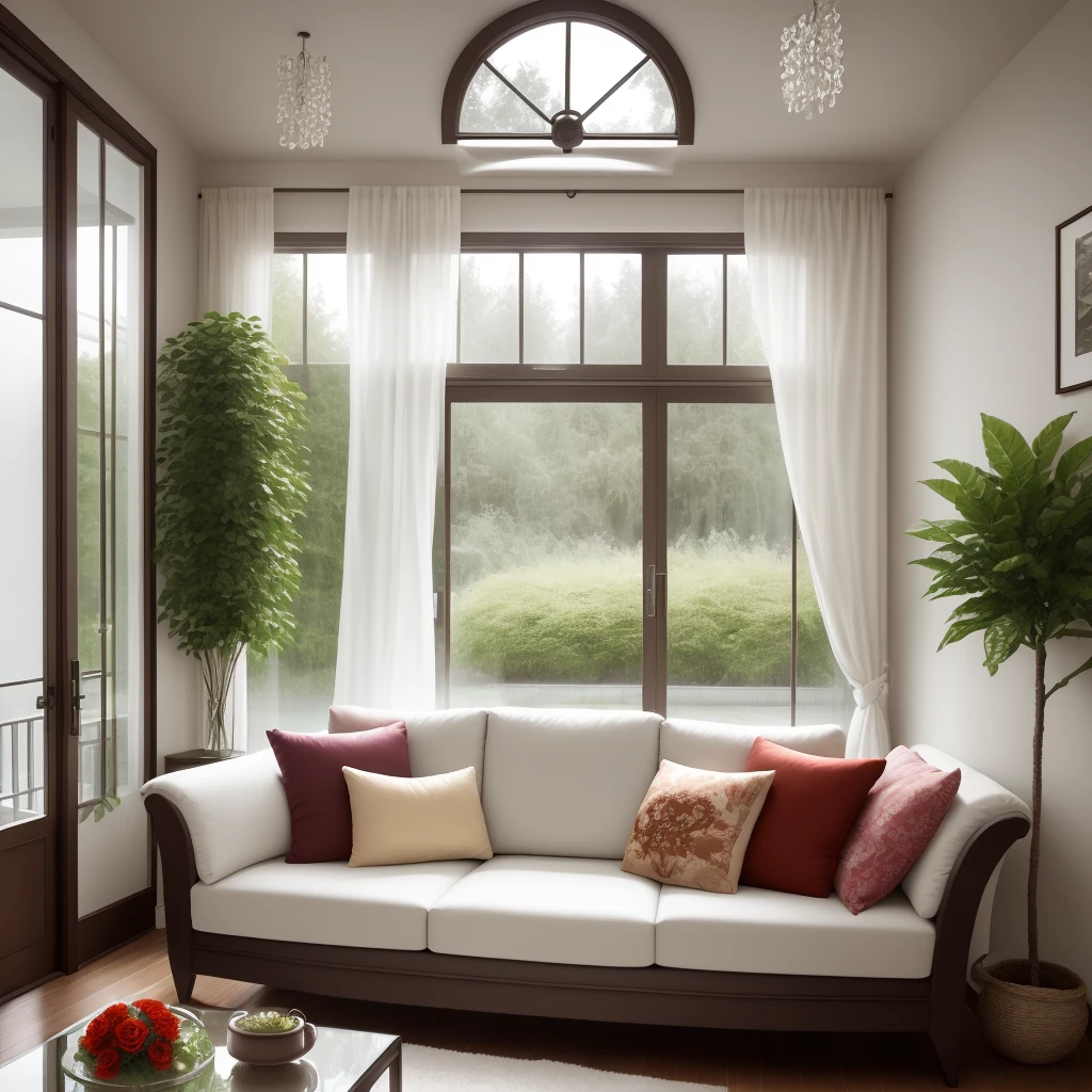 a home interior design, modern minimalis, cozy, luxury, light soft mustad color, natural color sofa with many pillows, glass coffee table, vas flower on table, crystal ornaments, soft lighting, high windows glass, showing outdoor beautiful breeze algonema garden