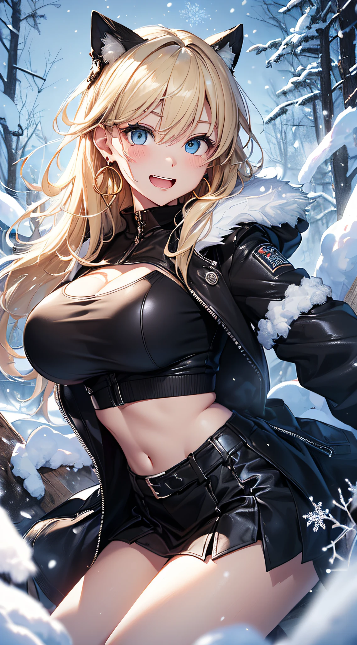 top-quality、Top image quality、masterpiece、girl with((Black Leather Sports Bra、Black coat、Black leather skirt、、teen ager、cute lit Bust、big bast,Beautiful light blue eyes、Breasts wide open, a blond、A slender,Large valleys、belligerent movements,Holding a handgun、dye one's cheeks red、shivering、Laugh、sapphire earrings、White breath、crouching down)),hiquality、Beautiful Art、Background with((universes、snowflakes falling、Heavy snow falls、Burning Fire)))、masutepiece、depth of fields,8K