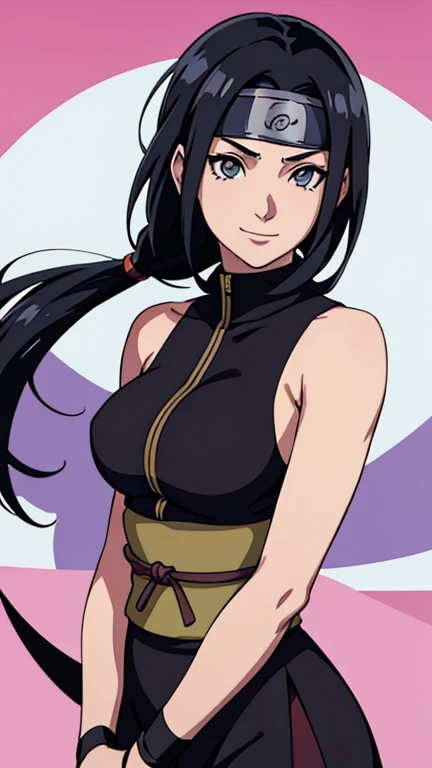 Naruto Shippuden anime screencap of one girl, Ninja of Konoha Village, wearing Konoha headband, with with black hair, hair lenght until bust, straight hair, hair parted in center of head, round face. hairstyle with a center part, that the hair should be parted down the middle, creating a symmetrical look without any frontal hair covering the forehead. Ninja. Looking at viewer, smiling. Standing.