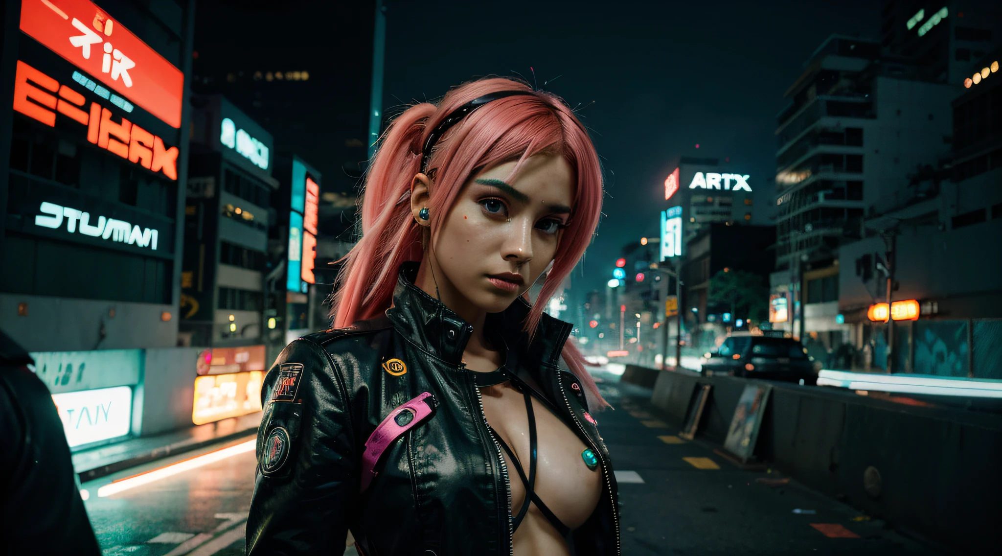 Arte conceitual de personagem para uma garota futurista de anime cyberpunk, with neon-colored hair and high-tech accessories, em um detalhe, dynamic cityscape background, Trending on ArtStation and Pixiv.