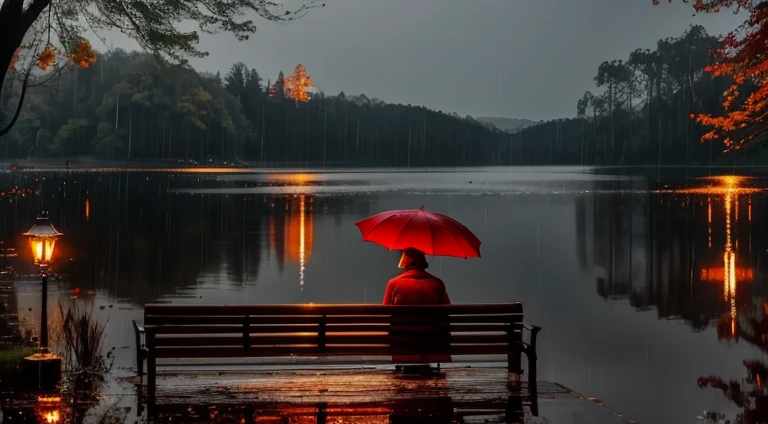 a woman carrying a red umbrella sits on a bench under a lamp, in a lake with a view of the forest and fallen leaves around it,night,rain,wet ground