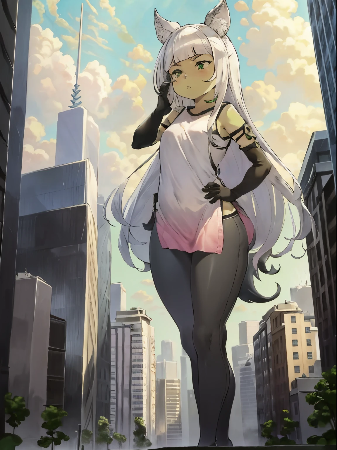 Ochette, 1girl, crowded city, green eyes, giantess, massive, tall, cute, full body picture, buildings, gao, larger than buildings, best quality, pink clothing, buildings nearby, between buildings, taller than skyscrapers, flat ground, standing, ground visible, loose black pants, adorable, shy, empty hands, small build, slim