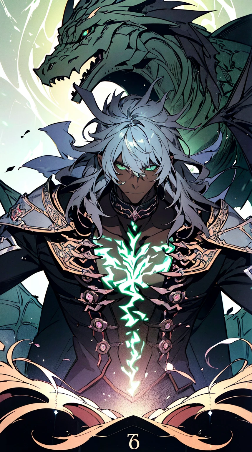 (absurderes, hight resolution, ultra-detailliert), 1 male, Adult, Handsome, broad shoulders, dragon, glowing green eyes, intimidating looks, Dark skin, finely detailed  eyes and detailed face, Knight \tarot\, Symbolism, visualart, occult, Universal, Vision casting, Philosophical, Iconography, Numerology, Popularity, artistic, Alfonse Mucha