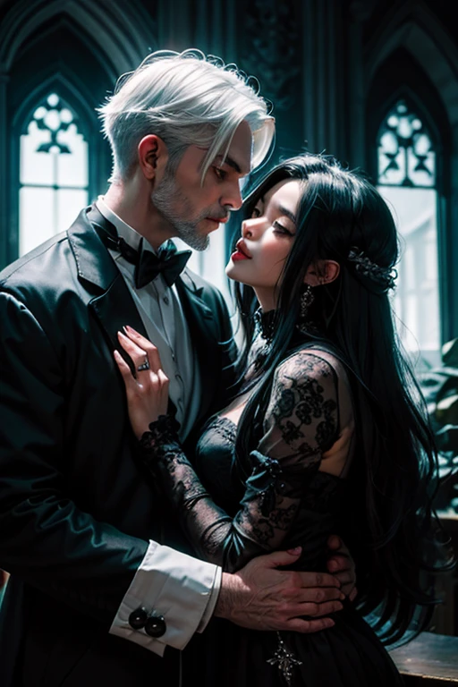 a white haired vampire man kissing a oriental gothic woman with long black hair,