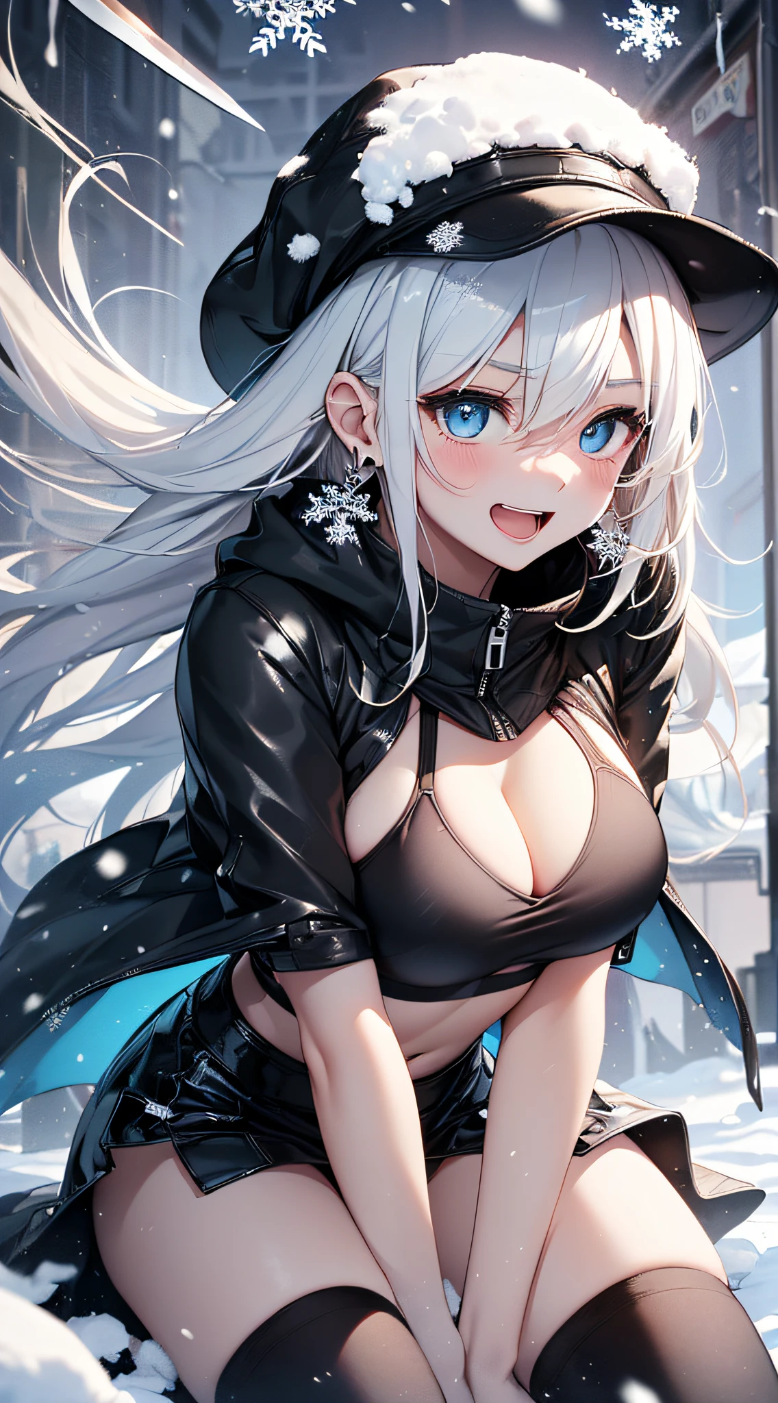 top-quality、Top image quality、​masterpiece、girl with((Black Sports Bra、Black coat、Black leather skirt、、teen ager、cute lit Bust、big bast,Beautiful light blue eyes、Breasts wide open, a blond、A slender,Large valleys、belligerent movements,Knives、dye one's cheeks red、shivering、Laugh、sapphire earrings、White breath、crouching down、Hats)),hiquality、Beautiful Art、Background with((universes、snowflakes falling、Heavy snow falls、Burning Fire)))、masutepiece、depth of fields,8K