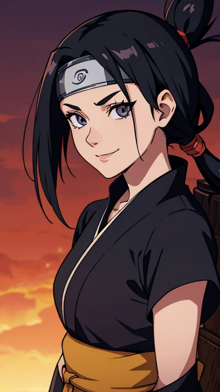 Naruto Shippuden anime screencap of one adult girl, Ninja of Konoha Village, wearing Konoha headband, with with black hair, hair lenght until bust, straight hair, hair parted in center of head, round face. hairstyle with a center part, that the hair should be parted down the middle, creating a symmetrical look without any frontal hair covering the forehead. Ninja. Looking at viewer, smiling. Wearing dark purple.