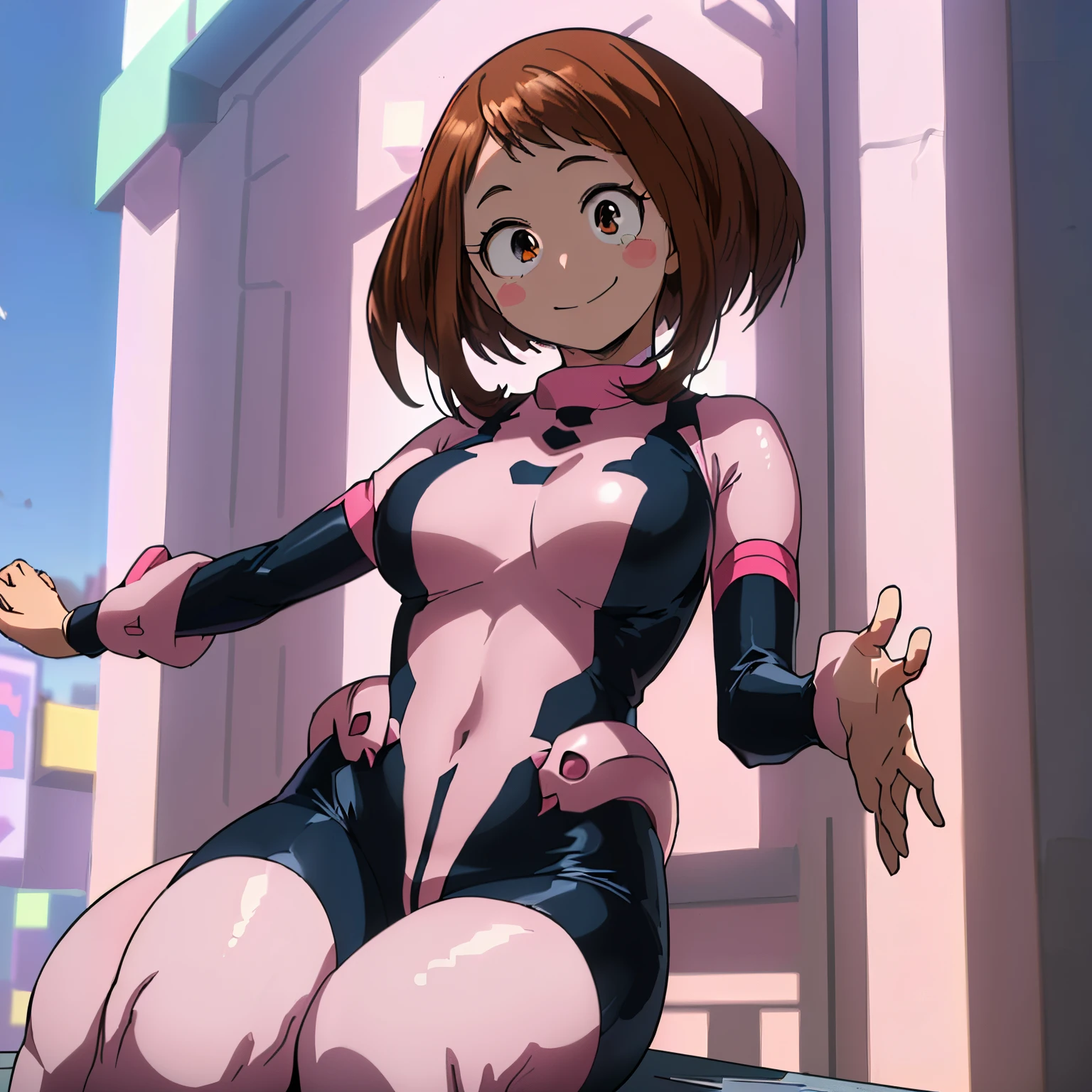 masuter piece, Best Quality, 超A high resolution, Anime style, The best lighting, Beautiful face, ((​masterpiece、top-quality;1.3))、ultra-detailliert、细致背景、1girl in、独奏、A smile、body suit、Ochako Uraraka、looking at the viewers、large full breasts、Light Pink Suit、
school  background、floating, weightless、Curling the body