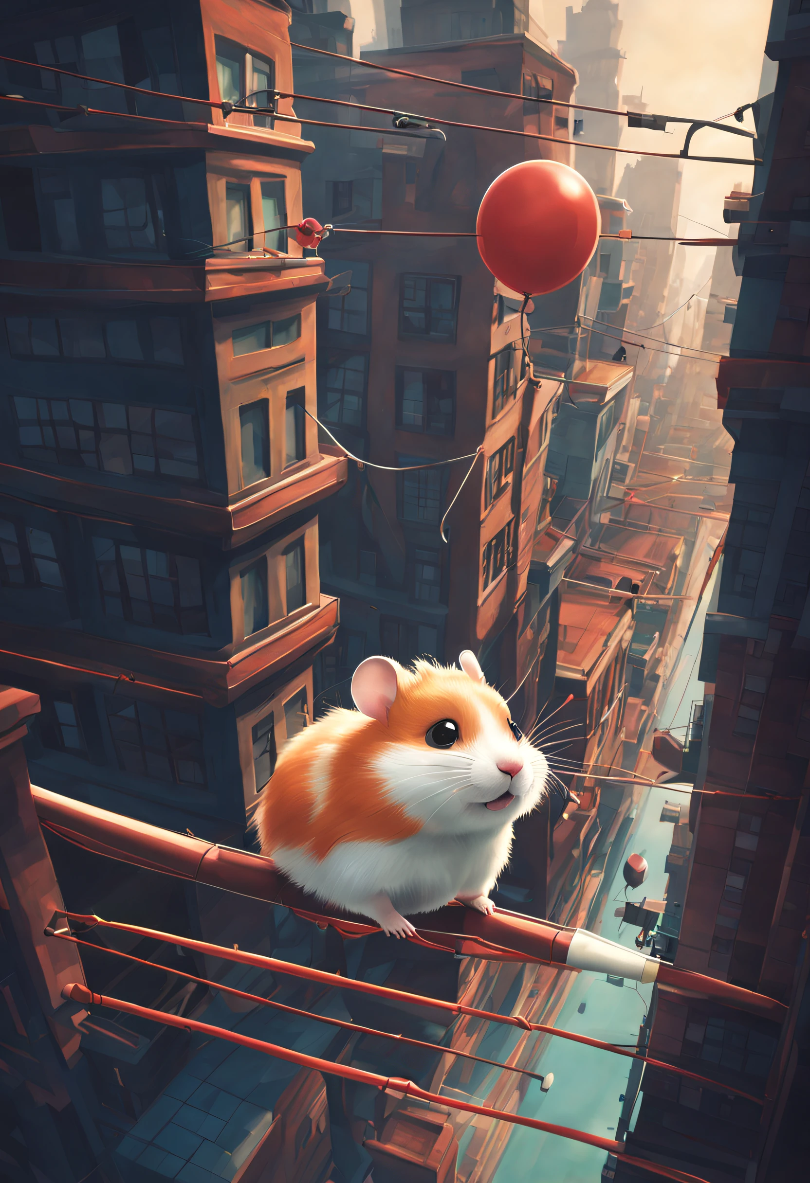 in style of anna dittmann，scenography，Very unified CG design，scenography, Very unified CG design, Cute adventurer hamster jumping bungee jumping, Background with: Between tall buildings，Black and Pixar style，Felicia Simien and Studio Ghibli-style minimalist photography，Produced by Pixar，Maximalism，fine art，电影灯光，negative space，Dark art，ultra-realistic realism，ukiyoe painting，