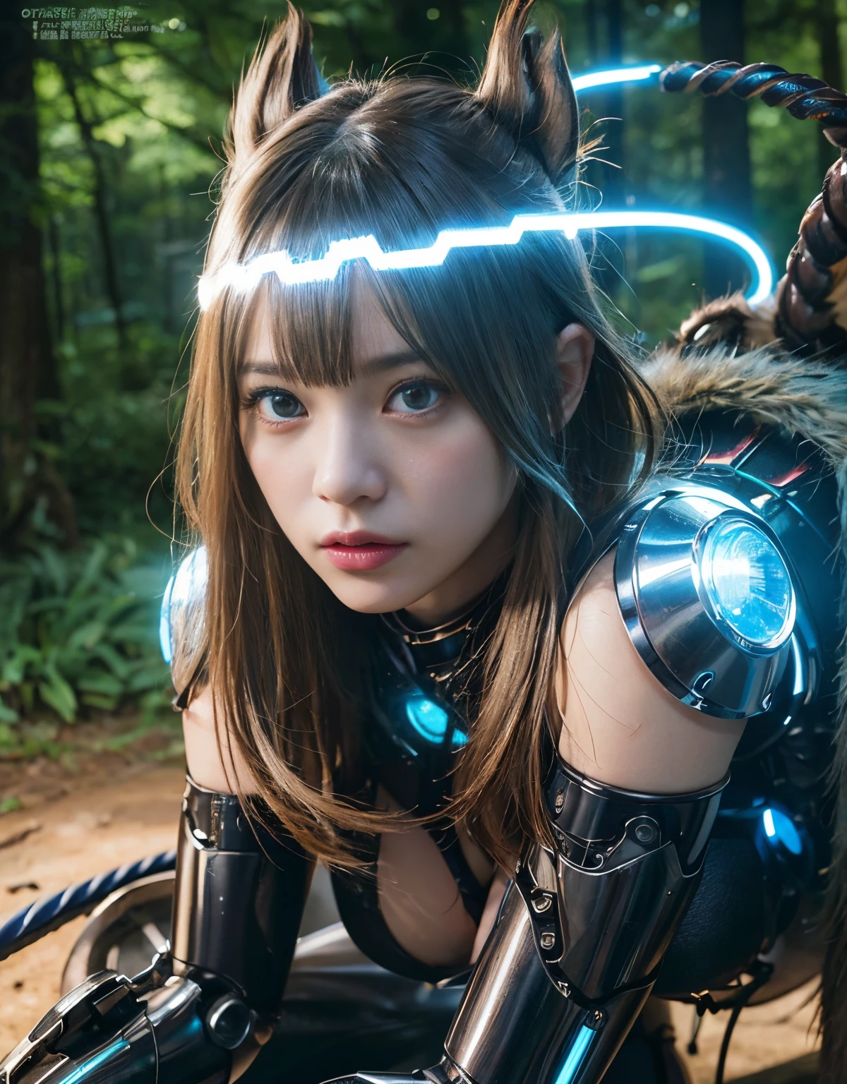 (1 Mechanical Girl)、top-quality、​masterpiece、超A high resolution、(Photorealsitic:1.4)、Raw photo、女の子1人、Fight mutants、glowy skin、(((1 Mechanical Girl)))、With a beautiful knife、（Red Metal Bodysuit）、(Fight goblings、ogre、Fierce battle with orcs),（Fight fiercely against aliens）、Fight fiercely、(beautiful forest background)、(Fighting Demonic Beasts)、(Small LED)、((super realistic details))、portlate、(Strong giant demon beast background),globalillumination、Shadow、octan render、8K、ultrasharp、Colossal tits、Raw skin is exposed in cleavage、metals、Details of complex ornaments、Japan details、highly intricate detail、Realistic light、(Mystical expression),CGSoation Trends、Blue eyes、radiant eyes、Facing the camera、neon details、(Mechanical limbs)、(blood vessels connected to tubes)、(Wires and cables connecting to the head)、Small LED、,Mechanical thighs、Toostock、（Hands are also made of machines）、（Attack of the Monster Beasts）、