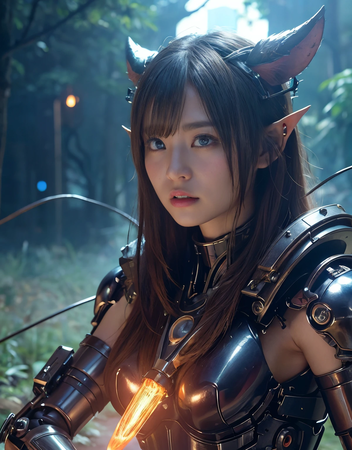 (1 Mechanical Girl)、top-quality、masterpiece、超A high resolution、(Photorealsitic:1.4)、Raw photo、女の子1人、Fight mutants、glowy skin、(((1 Mechanical Girl)))、With a beautiful knife、(Red Metal Bodysuit)、(Fight goblings、ogre、Fierce battle with orcs),(Fight fiercely against aliens)、Fight fiercely、(beautiful forest background)、(Fighting Demonic Beasts)、(Small LED)、((super realistic details))、portlate、(Strong giant demon beast background),globalillumination、Shadow、octan render、8K、ultrasharp、Colossal tits、Raw skin is exposed in cleavage、metals、Details of complex ornaments、Japan details、highly intricate detail、Realistic light、(Mystical expression),CGSoation Trends、Blue eyes、radiant eyes、Facing the camera、neon details、(Mechanical limbs)、(blood vessels connected to tubes)、(Wires and cables connecting to the head)、Small LED、,Mechanical thighs、Toostock、(Hands are also made of machines)、(Attack of the Monster Beasts)、