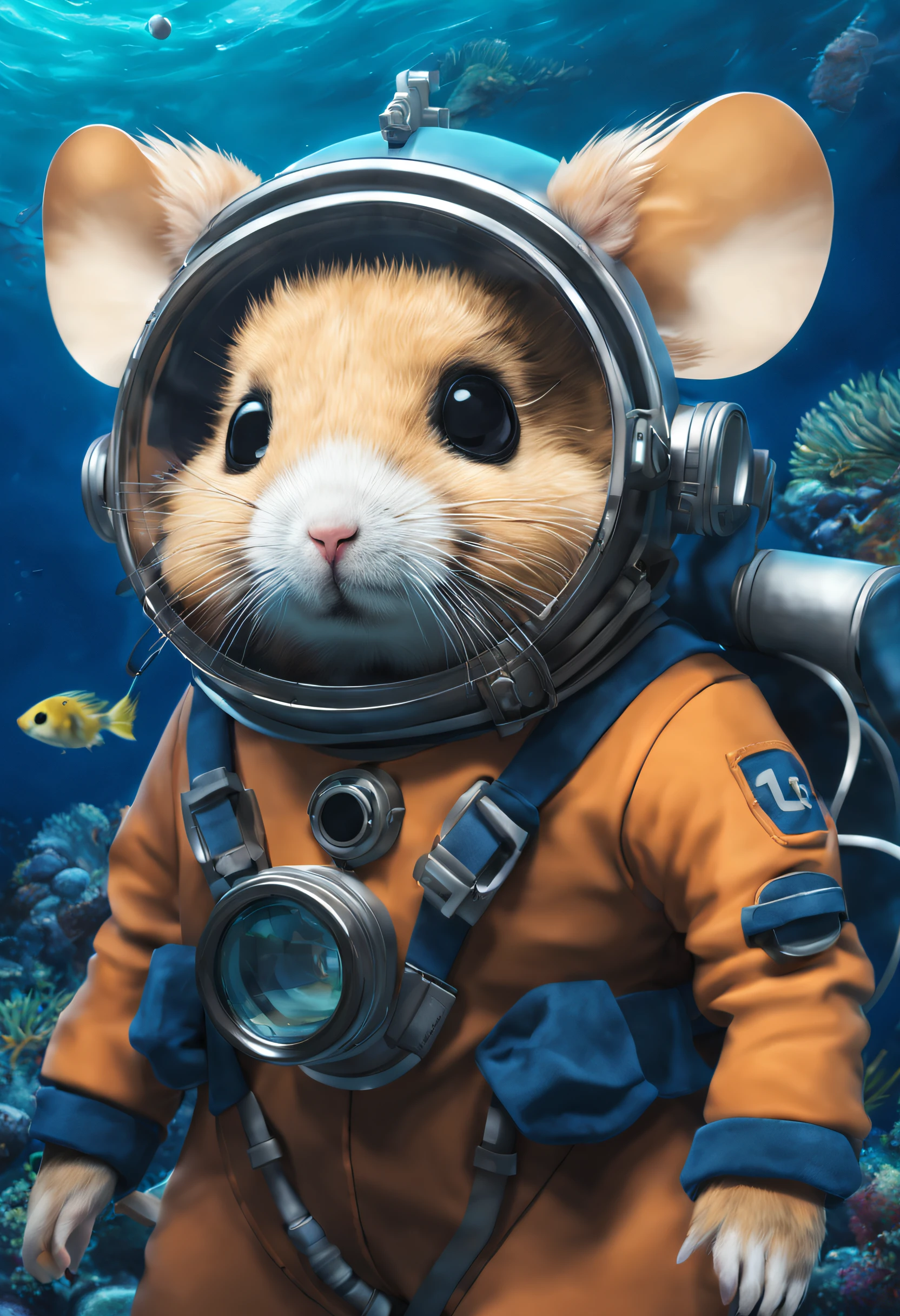 Hagi Yuan Yuan style，scenography, Very unified CG design, Cute hamster diving, Wear a wetsuit and goggles, Background with: abyssal