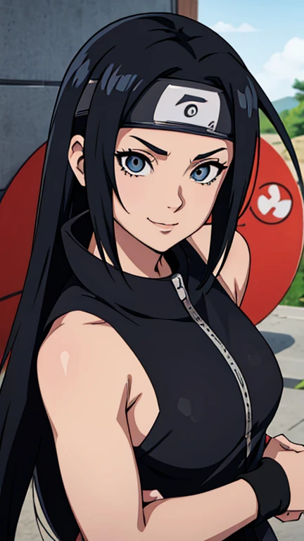 Naruto Shippuden anime screencap of one adult girl, Ninja of Konoha Village, wearing Konoha headband, with with black hair, hair lenght until bust, straight hair, hair parted in center of head, round face. hairstyle with a center part, that the hair should be parted down the middle, creating a symmetrical look without any frontal hair covering the forehead. Ninja. Looking at viewer, smiling. In Kurama mode power