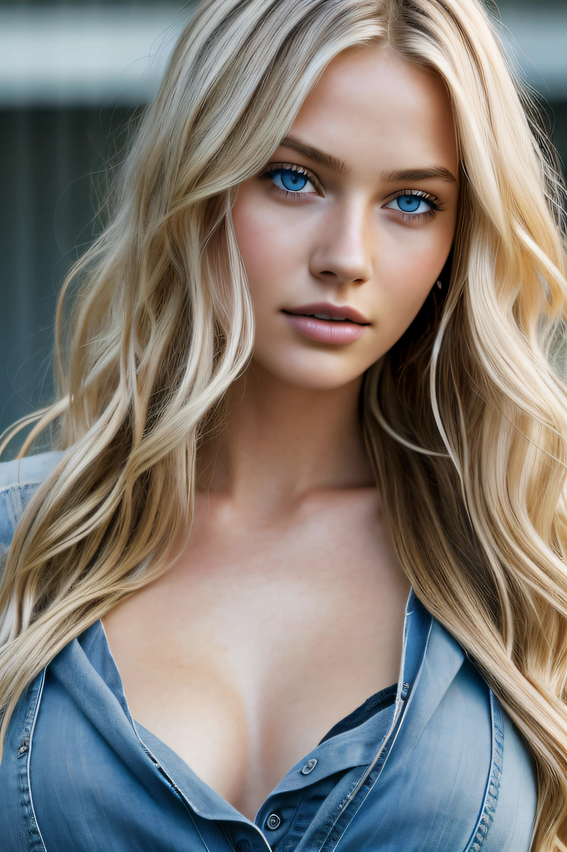 1girl in, 19, Solo, Long wavy blond hair, messy wind blown hair, blondehair, (dark blue eyes), Colossal tits, full body shot, (textured skin, skin pores:1.1), imperfect skin, goosebumps, (extremely detailed 8k wallpaper), soft lighting, high quality, film grain, Fujifilm XT3 sharp focus, f 2.6, 135mm, High Detail, Sharp focus,(natural light), (seductive), Realistic, ultra realistic, photo realistic, crazy details, complex details, hyper detailed