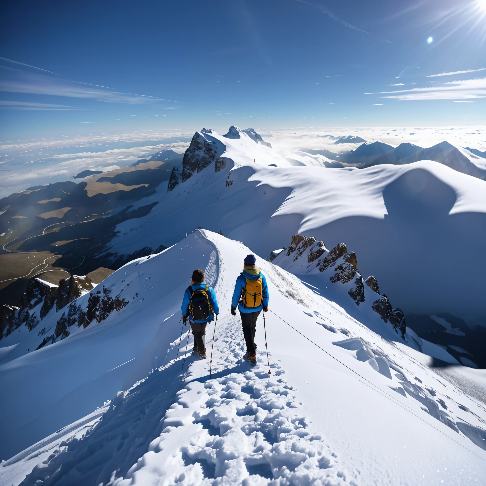 Couple of people walking on snowy mountains with sky background, heaven in the top, climb, mont, The mountain is very steep, It's time to climb the mountain, national geographic footage, steep, High up in the mountains, mountain scene. cinematic Film still from, High hills, largest river, incredible perspective, with a snowy mountain and ice, At the summit