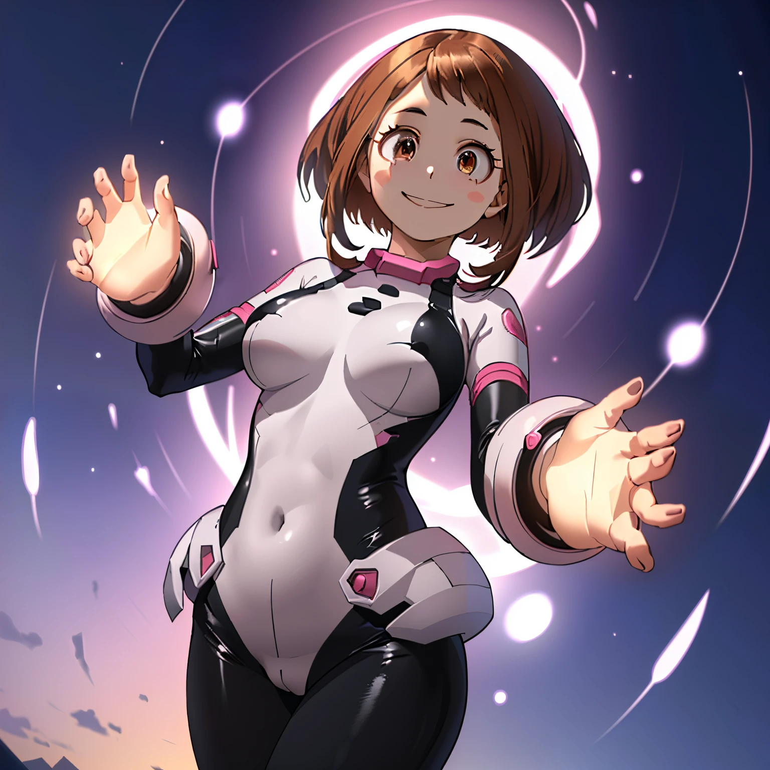 masuter piece, Best Quality, 超A high resolution, Anime style, The best lighting, Beautiful face, ((​masterpiece、top-quality;1.3))、ultra-detailliert、细致背景、1girl in、独奏、A smile、body suit、Ochako Uraraka、looking at the viewers、large full breasts、Light Pink Suit、
school  background、floating, weightless、Rounding the body