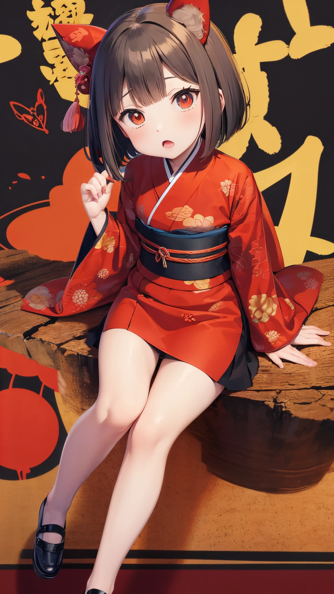 GeGeGe no Kitaro, Neko Musume,kimono,solo,Kowloon city background
