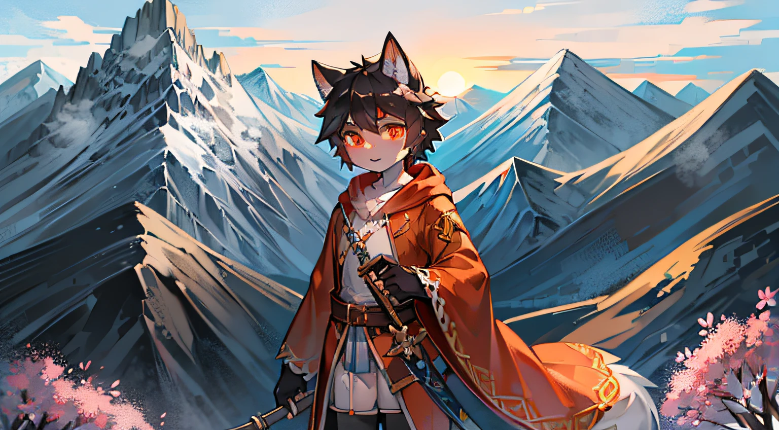 Black Haired Wolf，Clear blue sky，orange robe，A long sword，sword sheath，shota，Orange pupils，fluttering sleeves，mountain ranges，standard facial features，ornate backdrop，flowers blooming，Peach blossom tree，sunraise，climbing mountain，snow mountains，Looking