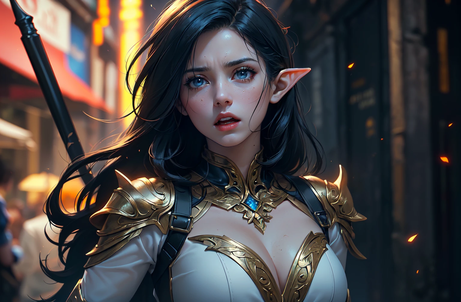 ((masterpiece)),(best quality), ((mature)) beautiful 1woman elf ranger, ((cinematic)), dynamic:1.2, intricate ((closed realistic)) armor, particles:1.2, (pastel:1.2), (black hair), (intricate cinematic background:1.2), (depth of field), (emotional face),  fantasy, thriller, (Action movie), amazing, Powerful, Mysterious, ((dramatic scene from movie)), (scream), (cgi:1.2)