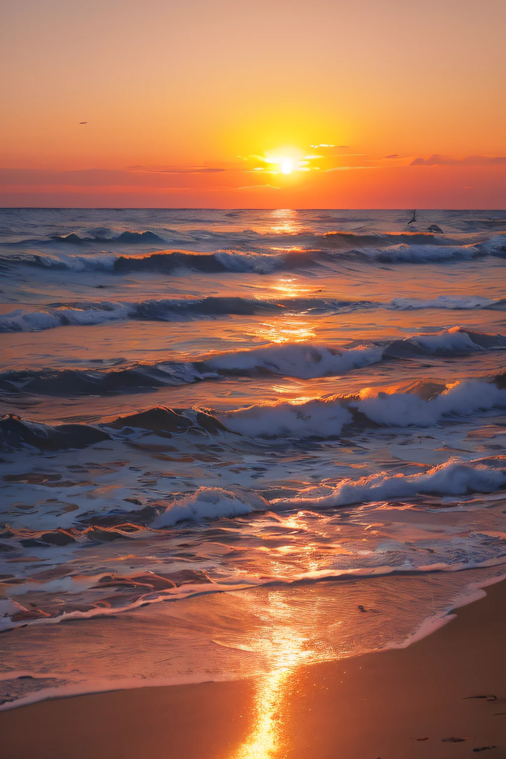 sunset at the beach, the sun is just about to vanish behind the horizon, the sky is orange and red, no clouds, calm water with very small waves and a little foam where the waves crashed onto the beach, distant archipels on each side of the image