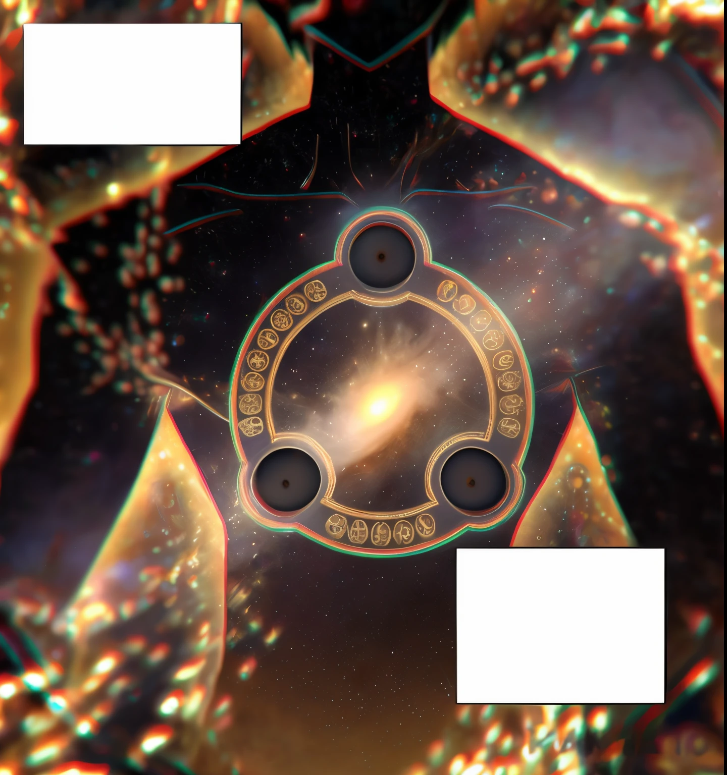 There is a man with a circular object in his hands, key is on the center of image, astral appearance, galactic dmt entity, centrado na imagem, no plano astral ) ) ), quality astral projection rendering, no centro da imagem, portal dimensional, portrait of a cosmic entity, plano astral, ethereal hologram center, centrado na imagem, estruturas fractais sagradas