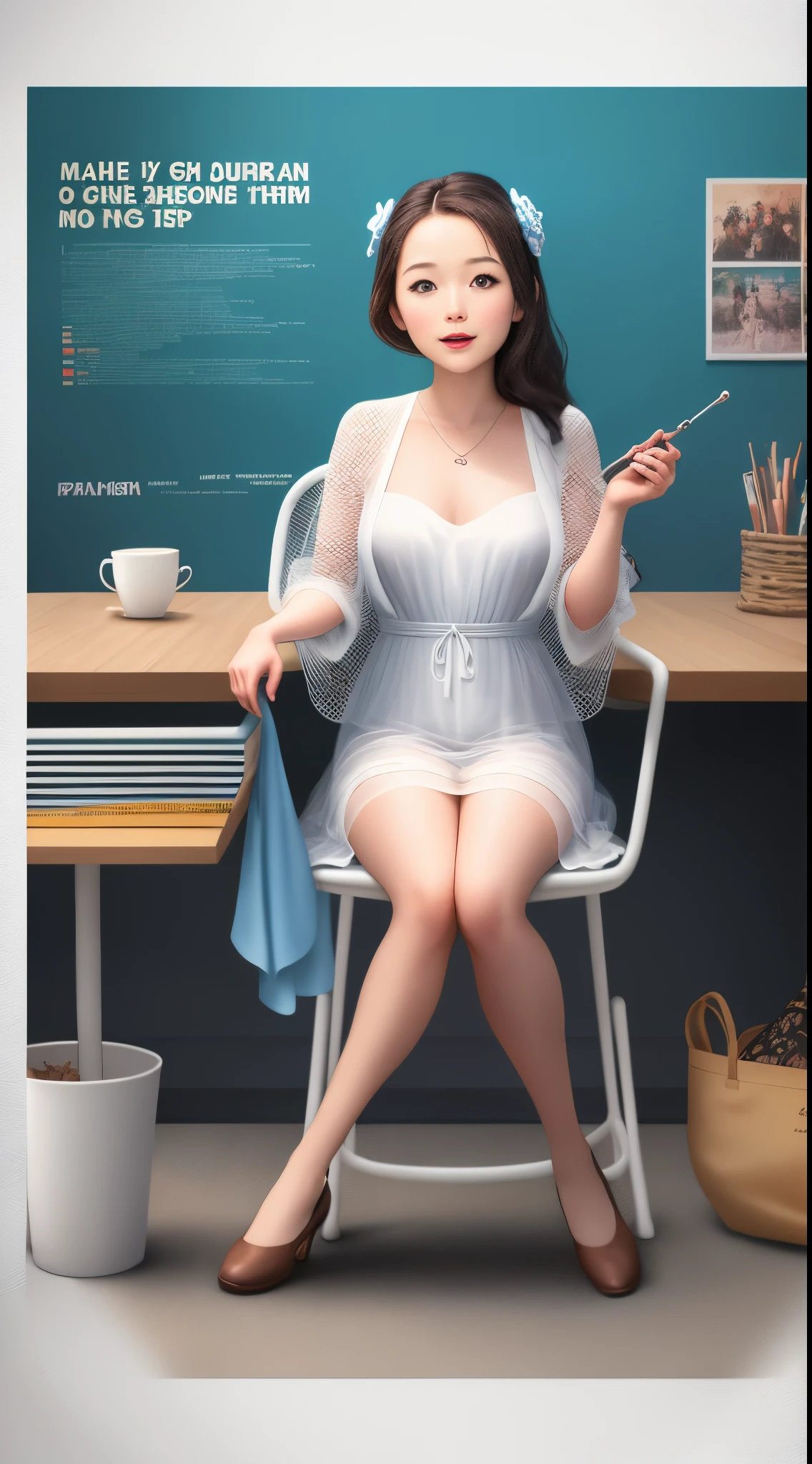 Make a pexil art movie poster, girl is seating in a white mesh chair, wearing a duster dress with lilo and stitch design