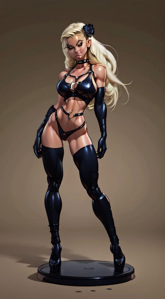 Drawing of ((best quality)), ((masterpiece)), (detailed), perfect face,dutch angle, torso shot, BDSM, solo 1girl, bondage outfit, spikes, spiked collar, black flower, whip, collar, hair ornament, long platinum white hair, heart, thigh highs, huge breasts, bdsm bikini, bondage straps , gloves,looking at viewer, navel, DO-S from manga "one punch man”, medium shot, lighting, artwork, blank background