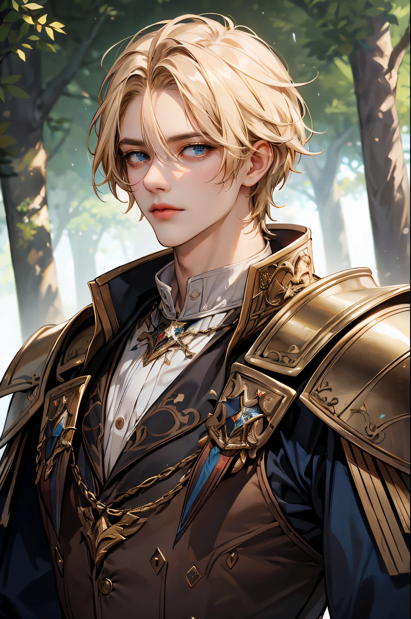 (absurdres, highres, ultra detailed, original character, HDR), 1man, solo, ((adult, handsome)), ((tall muscular guy, broad shoulders)), finely detailed eyes, ((short fluffy blonde hair)), hair between eyes, forehead, ice blue eyes, magical spell, fantasy iron armor, (revealing clothes), sword, ((portrait)), face focused, fairy colorful forest scenery, colorful light, multicolored trees, fantasy greek castle, long face, closed mouth, looking at viewer, depth of field