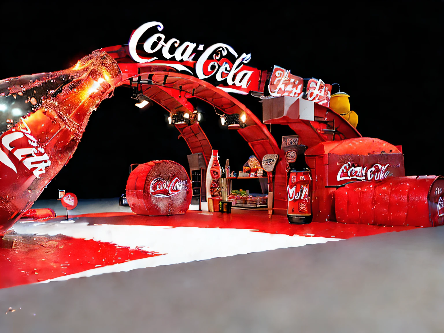 A giant Coca-Cola bottle and many other items, coka-cola advertisement, promotional render, raytraced 3d set design, c 4 d ”, a digital rendering, advertising photograph, 4D cinema rendering, rendered in cinema4d, Behance 3D Art Trends, Behance 3D Art Trends, Cool 3D visualization，Arched porch，Best quality at best