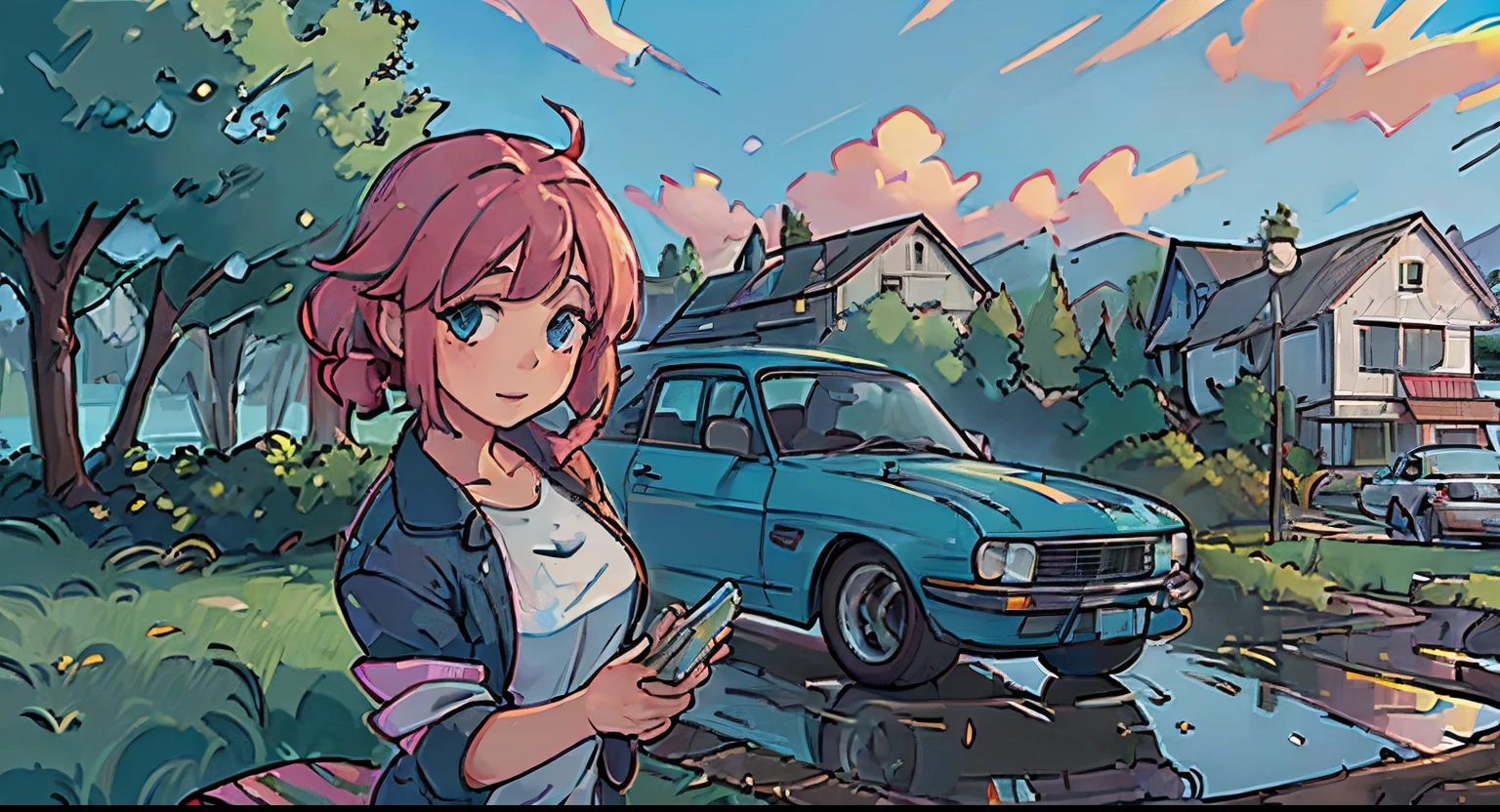 (Best Quality, High resolution:1.2), Ultra-detailed, (Realistic:1.37) Car, beautiful outdoor scenery, Detailed reflections of car surfaces, High quality and precise painting, Vibrant colors, Natural lighting, with the girl next door.