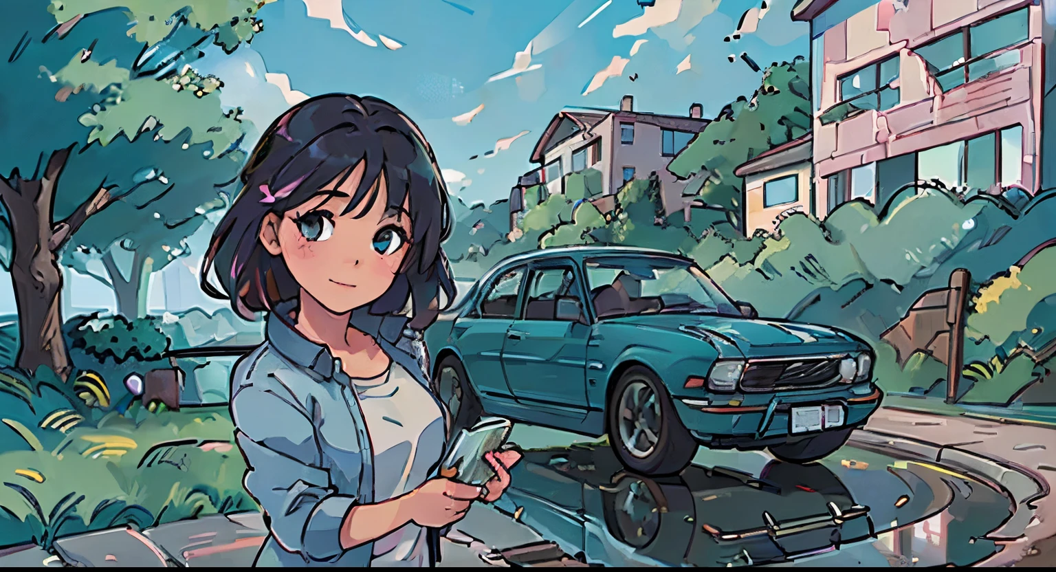 (Best Quality, High resolution:1.2), Ultra-detailed, (Realistic:1.37) Car, beautiful outdoor scenery, Detailed reflections of car surfaces, High quality and precise painting, Vibrant colors, Natural lighting, with the girl next door.