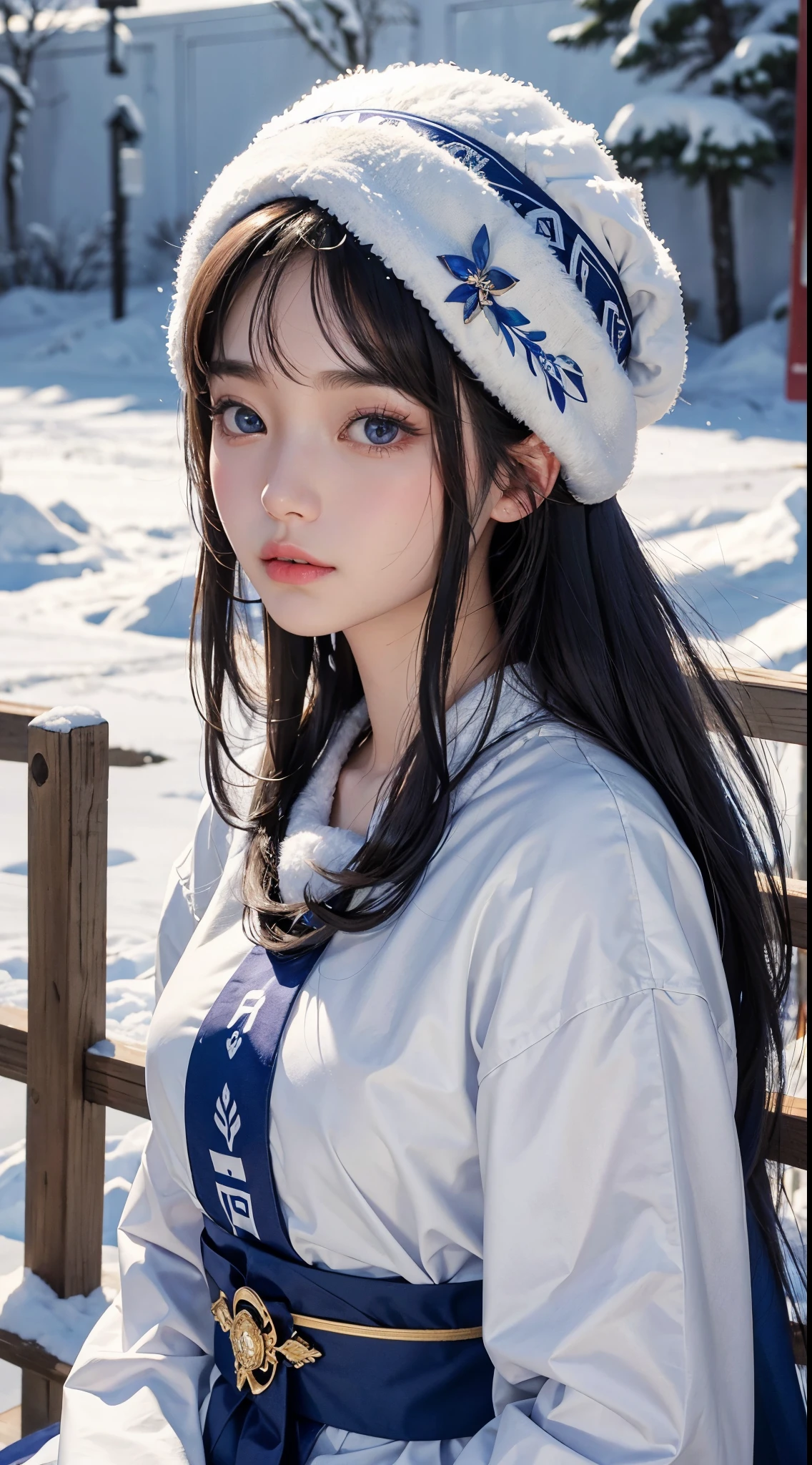 Aspasan、Ainu woman、kawaii woman、Around 20 years old、A detailed的the face、A detailed eye、eBlue eyes、delicate skin、Delicate hair、Ultra-realistic image quality、super high image quality、8K、Hokkaido、snow landscape、Purple bandana、White fur、long, Blue-black straight hair、pretty face、Beutiful women、