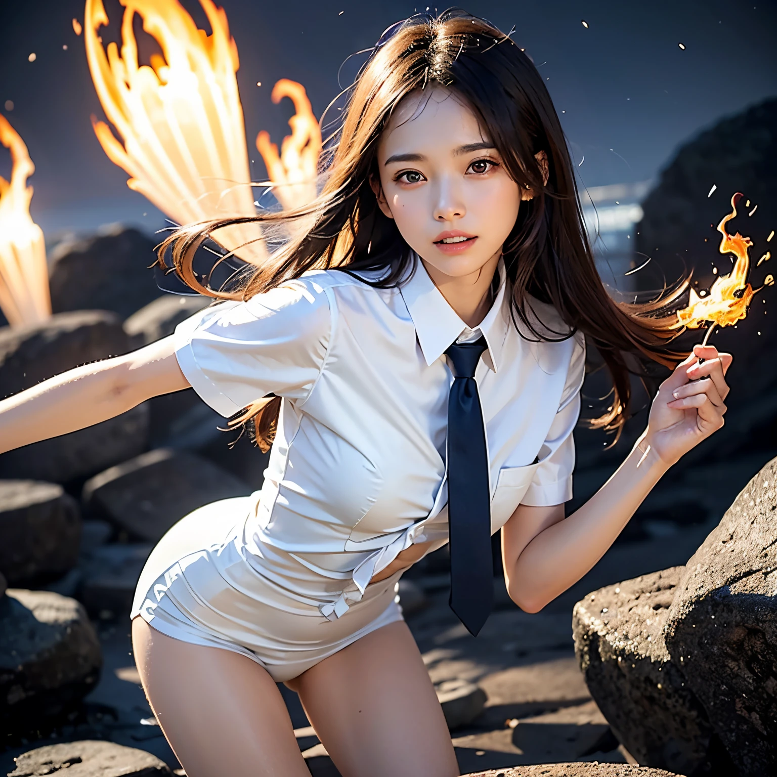 (masutepiece, Best Quality:1.2), 8K, Official art, Wearing a suit、Full body photo, full body Esbian、Emma fastening her tie. Beautiful barefoot woman with dark hair floating in the air, hold a flame in your right hand、in his left hand he holds a lightning bolt、Bright lava light rises above the broken Earth from beneath the asteroid belt(Jagged rock rocks and fragments shot into the air:1.3) (Storm of windy dust debris:1.1) Volume fogmist by trace Z、It can allow bright light from below to pass through、 (masterpiece) (top-quality) (detaileds) (8K) (电影灯光) (foco nítido) (Convoluted)A dark-haired、14years、small tits、A delightful、A smile、unbelievable Ridiculous, (Beautiful girl with upper body, Pretty Face, arching back down, Gold hair ornament on hair、Wearing a cute suit、close up, Wearing a suit, Short sleeve, gardenia, violaceaess, , space system, Looking at Viewer, Film grain, chromatic abberation, Sharp Focus, face lights, Dynamic lighting, Cinematic lighting, Eyes and faces with detailed, Bokeh background, (Tie with Emma written on it、1 copy:1.2)