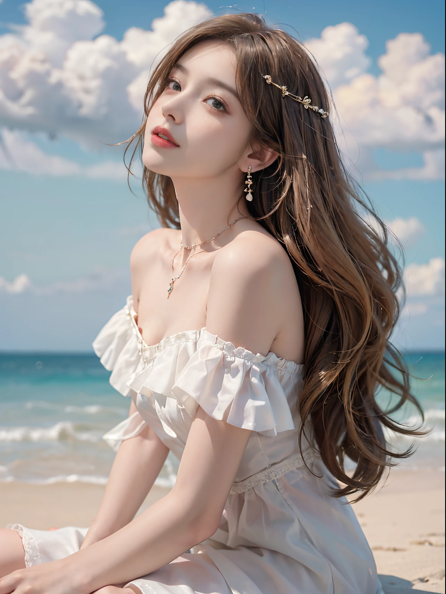 ((from below)), 1 busty girl, Posing for photos, Outdoor sports, Seafront, The sky is mostly cloudy, Sit Pose, Cross ed leg,looking at viewert, detailed scene, curlies, Air bangs, beautiful hair ornaments, Brownish-yellow hair, ((Sweet girly clothes 4,Off-the-shoulder dress,jewely,)), illuminate warmly, warm color palette, Detailed details, ultra - detailed, (tmasterpiece, Best quality at best), (An extremely delicate and beautiful work), Delicate earrings, Delicate necklace, simple blurr background, Extremely detailed description, Ultra-fine painting, delicated face, slim toned body, (ssmile), (Anatomical correct)