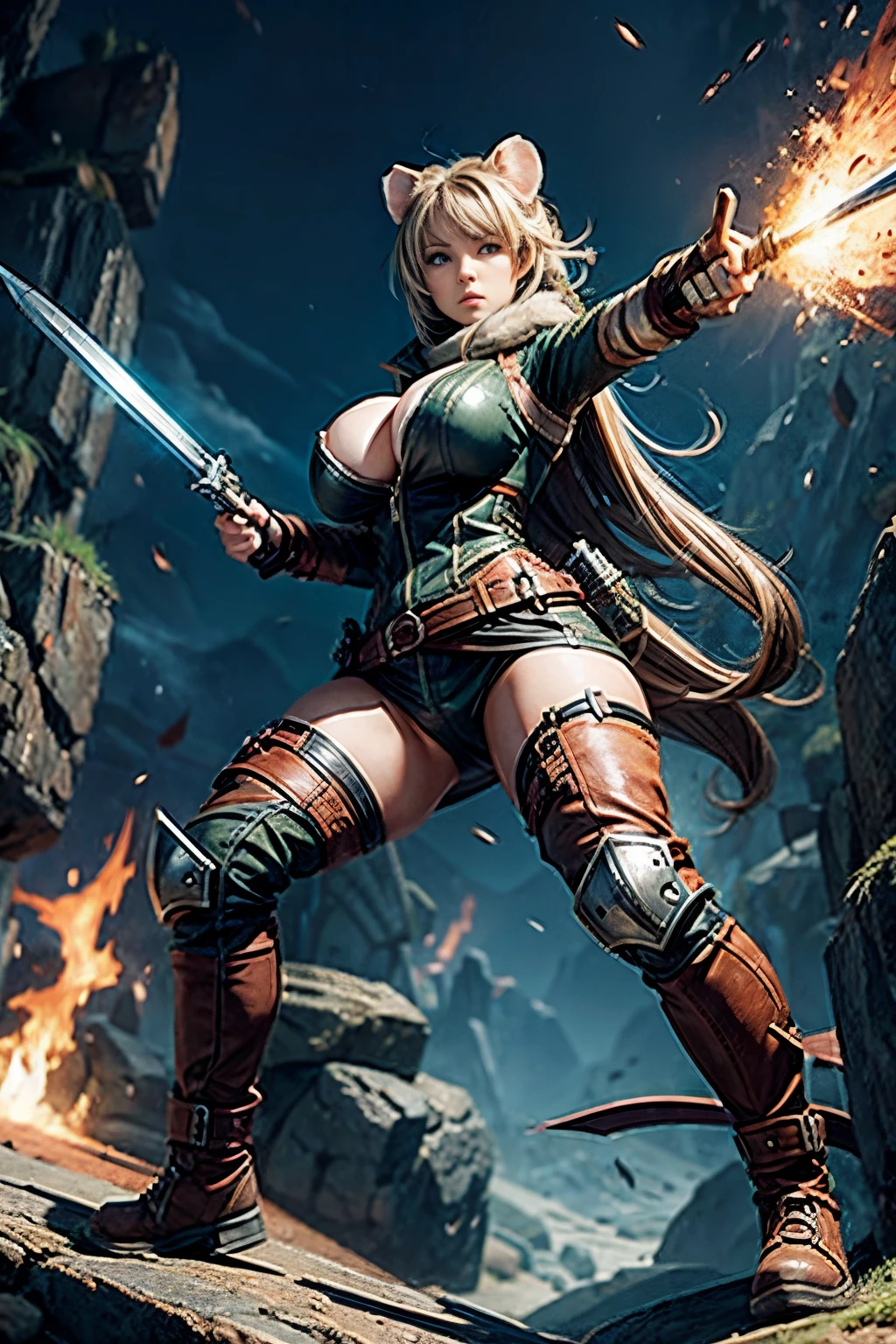 female Hamster Adventurer, fighting pose, full body shot, gigantic breasts --ar 2:3