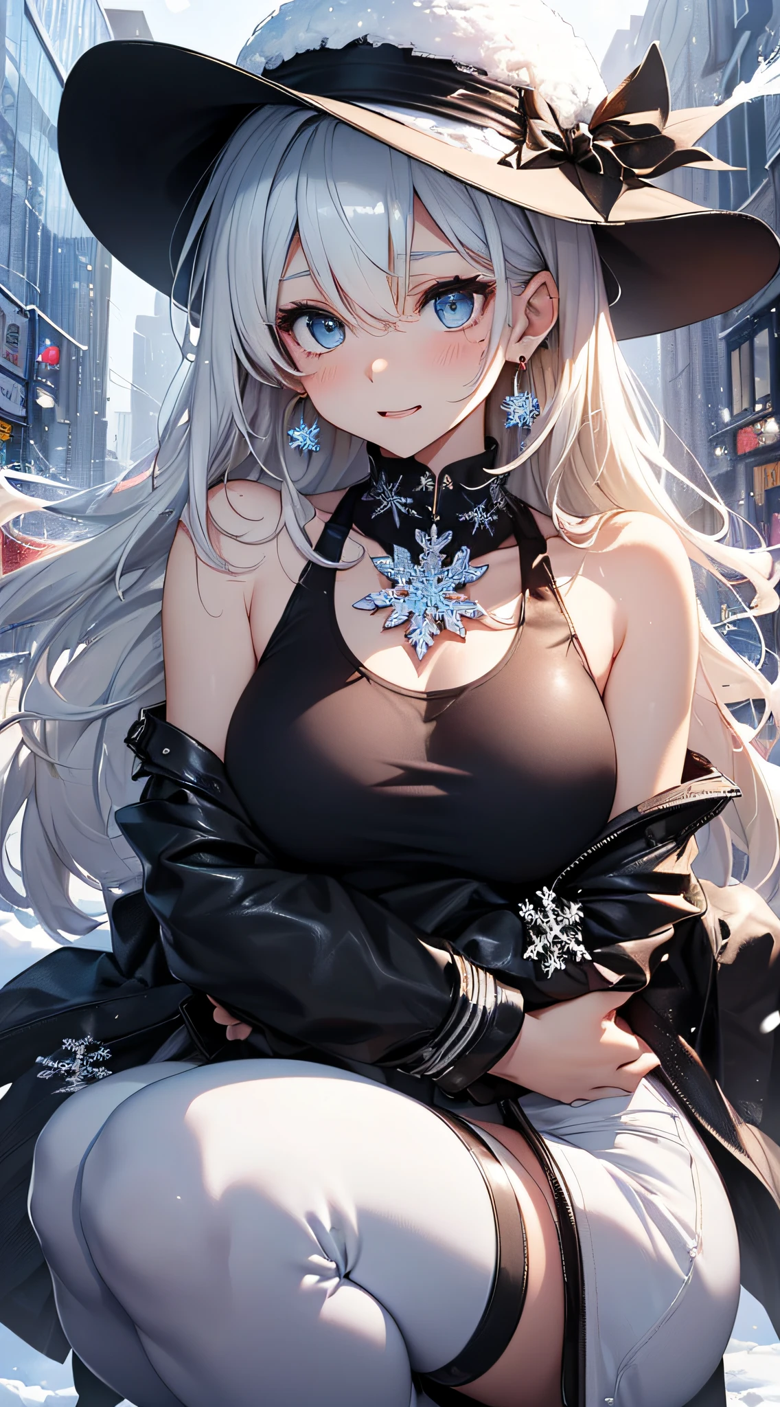 top-quality、Top image quality、​masterpiece、girl with((Black tank top、White coat、Black leather pants、sixteen years old、teen ager、cute little、Best Bust、big bast,Beautiful light blue eyes、Breasts wide open, a blond、A slender,Large valleys、belligerent movements,Hugging gestures、dye one's cheeks red、shivering、Laugh、sapphire earrings、White breath、crouching down、Hats)),hiquality、Beautiful Art、Background with((ice burn city、snowflakes falling、Heavy snow falls、Burning Fire)))、masutepiece、depth of fields,8K