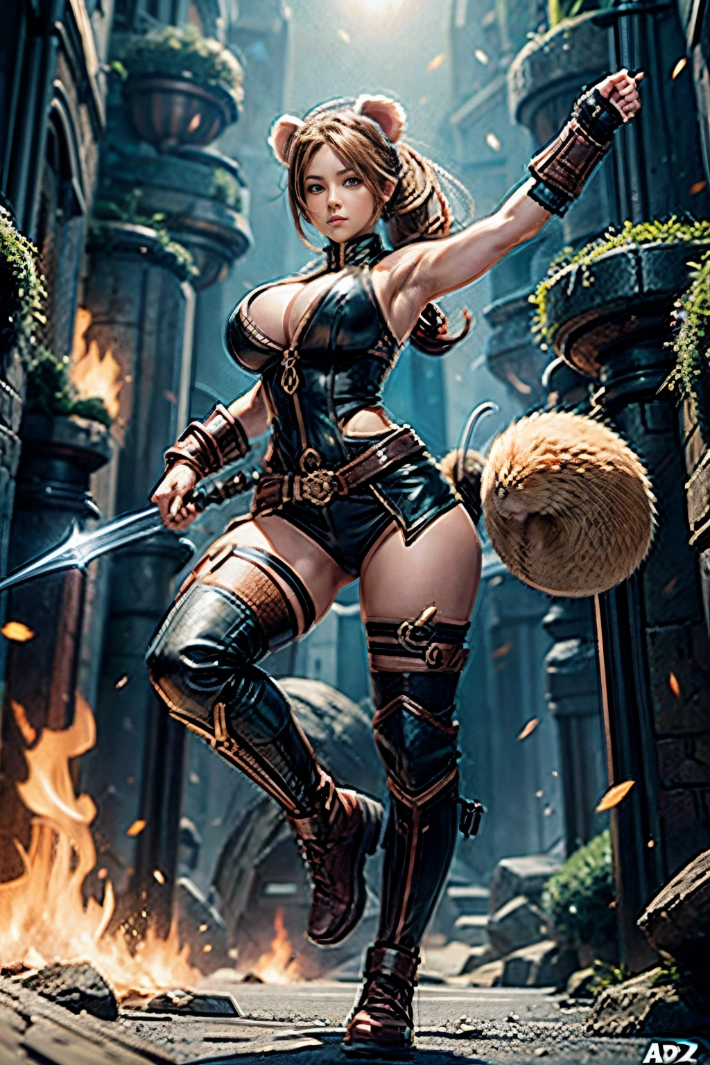 female Hamster Adventurer, fighting pose, full body shot, gigantic breasts --ar 2:3