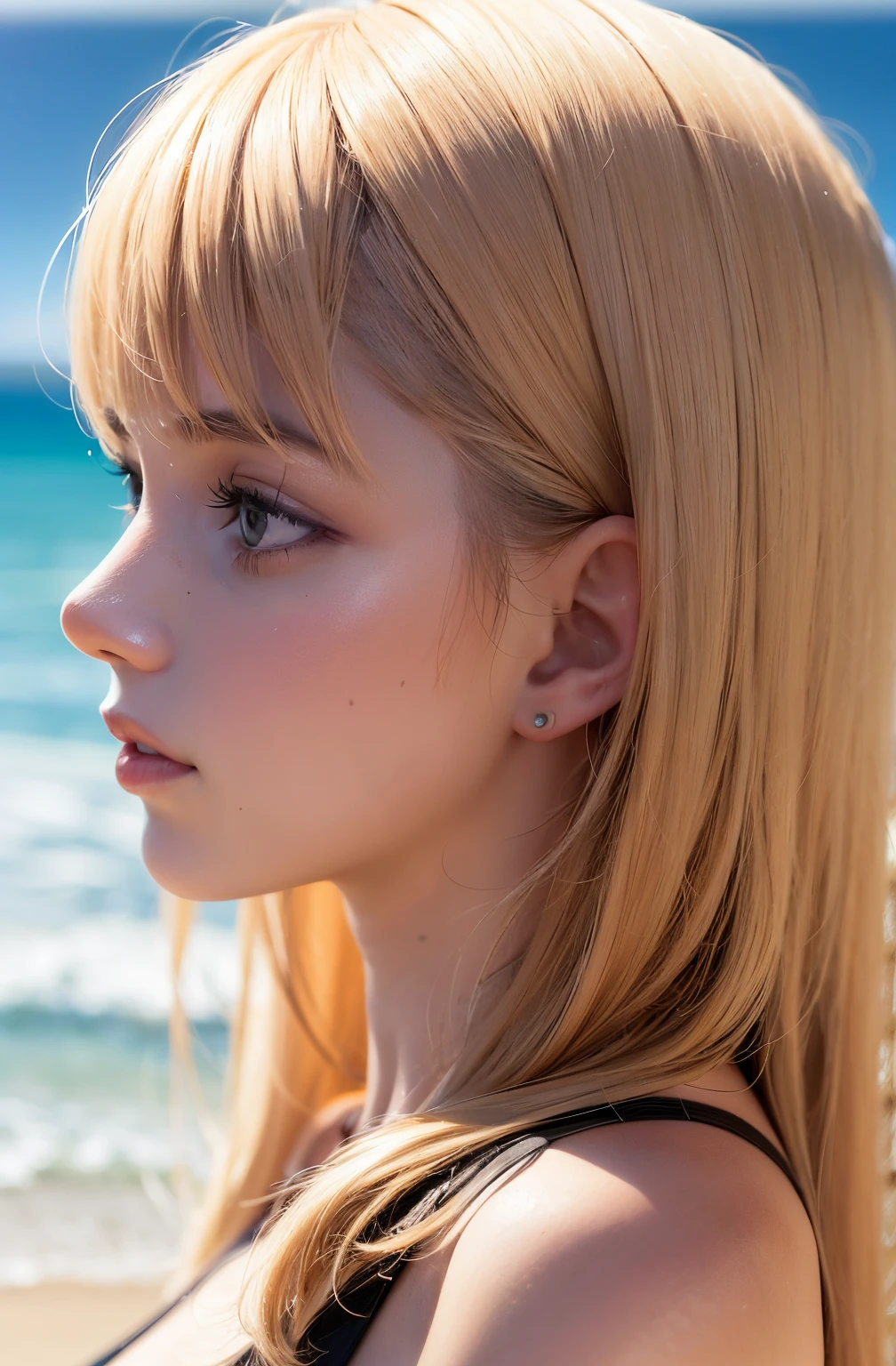 Create an ultra realistic profile picture of a blonde young woman cassualy dressed with a beach background --auto --s2