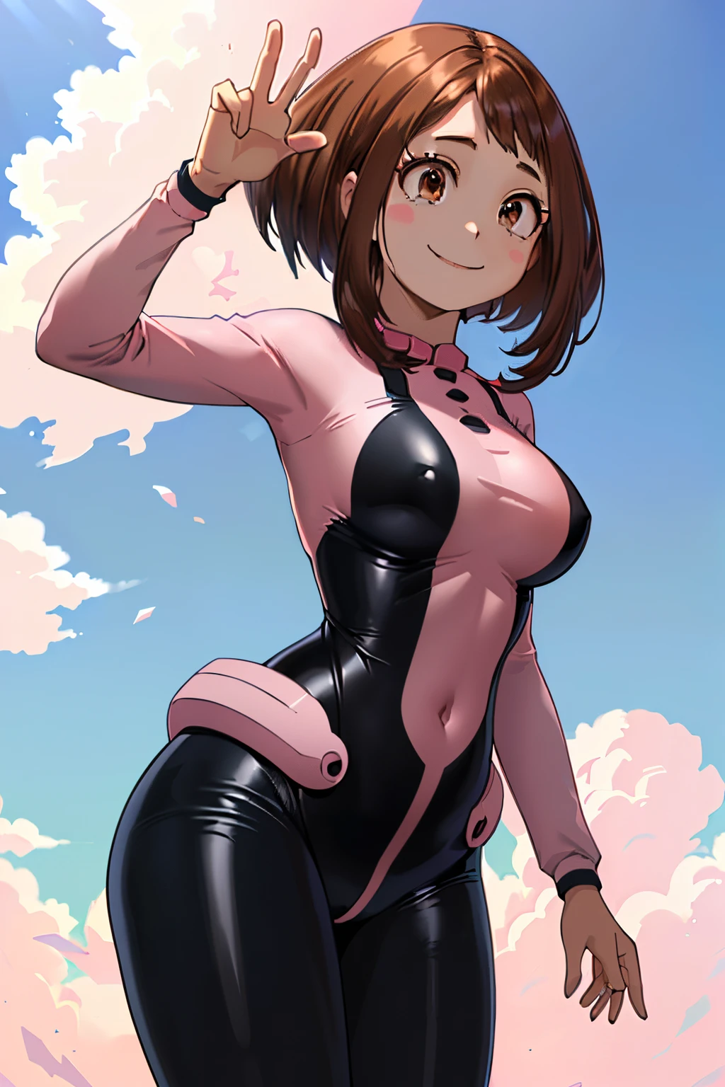 masuter piece, Best Quality, 超A high resolution, Anime style, The best lighting, Beautiful face, ((​masterpiece、top-quality;1.3))、ultra-detailliert、细致背景、1girl in、独奏、A smile、body suit、Ochako Uraraka、looking at the viewers、large full breasts、Light Pink Suit、
school  background、floating, weightless、curled up and floating