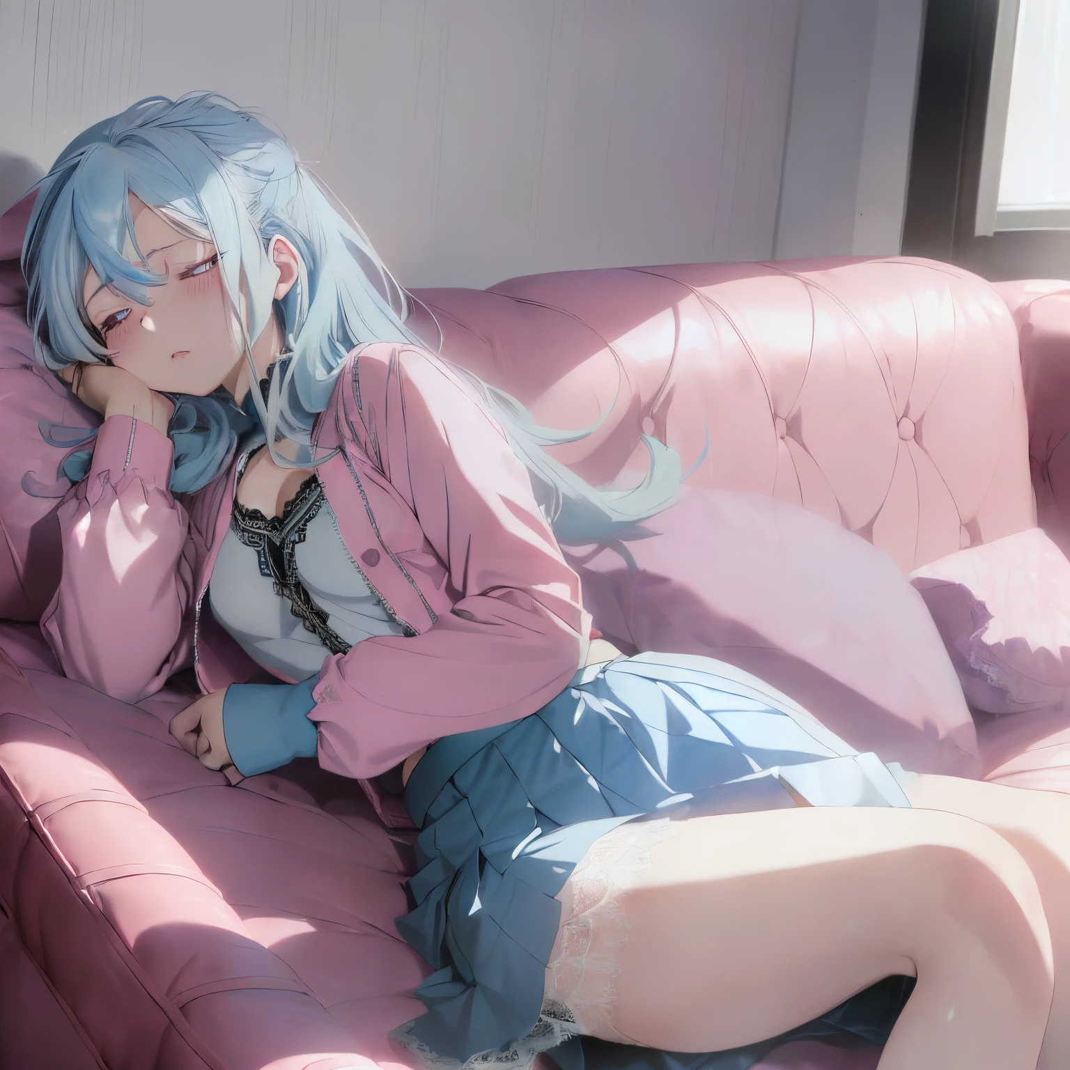 ((light blue hair)),((Medium Hair)),((super straight hair)),((pale pink eyes)),(bishop sleeve long sleeve clothing),(lace material vest),(red wide hair band),((Long leather skirt)),sleep sprawled out on the sofa in your room,((I close my eyes and fall asleep)),((Bakugou)),(Feeling tired and weak),
