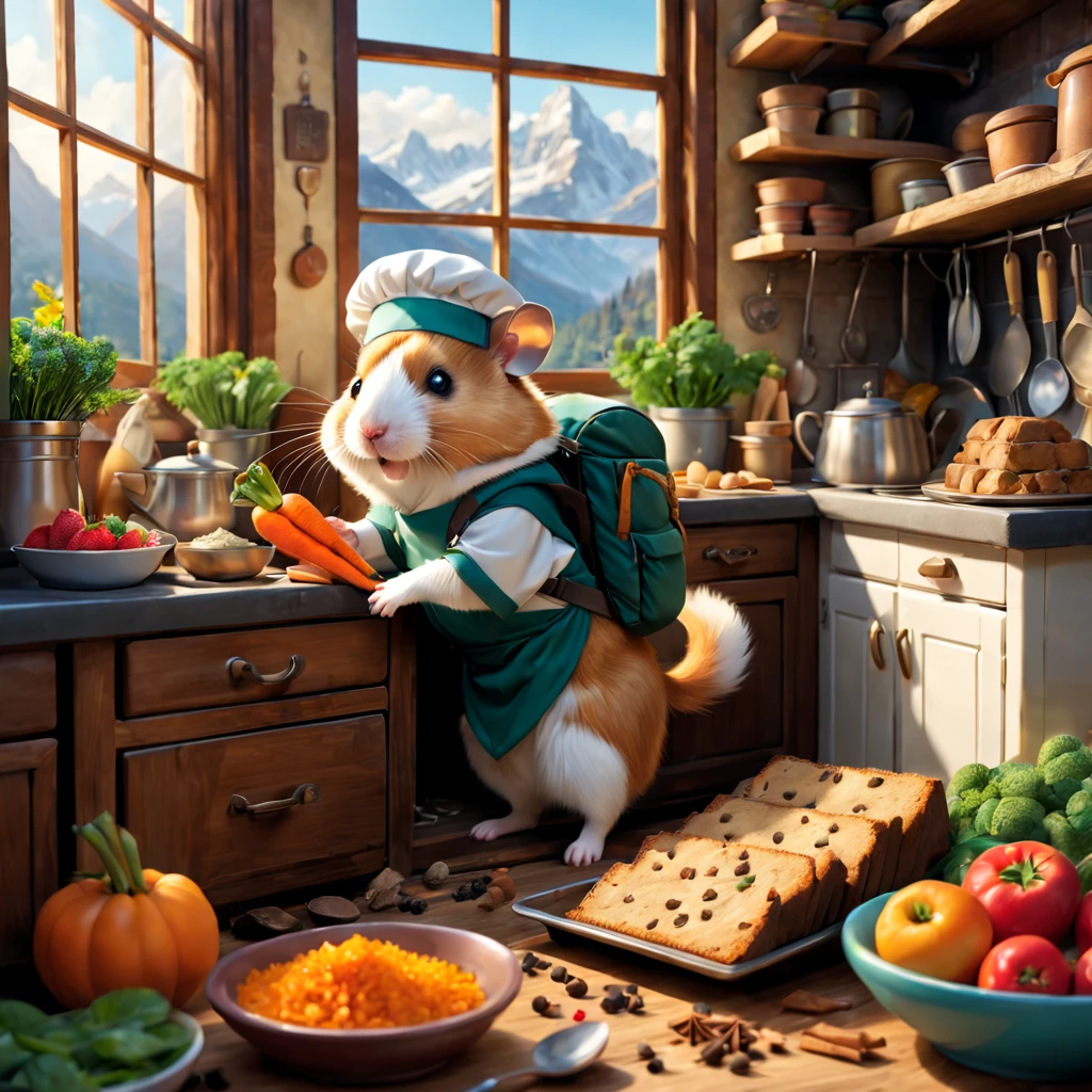 (A hamster,Cartoons) dressed in (Adventure set,Outdoor adventurer clothing) Stand in front exploring a giant&#39;s kitchen,Hamster and a (Explorer backpack,Adventure backpack) on its back. illustration,adorable,curious,tiny,paws,fluffy fur,round body,whiskers,leaps,climbing,scampering,on a countertop,bowls of fruits and vegetables,bakery smells,mountains of cookies and cakes,chocolate chips,spices and herbs,shiny pots and pans,gleaming utensils,baking trays,faraway stove with flames flickering,little chef hat,an open cookbook,recipe pages fluttering,climbing up drawers,peeking into cabinets,hidden treasures,spices and grains pouring out,rolling pins and whisks,natural light streaming in through the window,bright and colorful scene,paws holding a carrot. (best quality,ultra-detailed,realistic),concept art,vibrant colors,soft lighting,magical atmosphere.