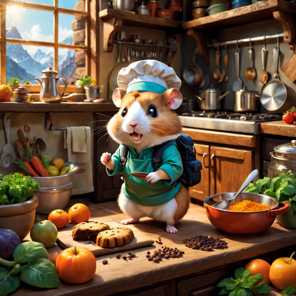 (A hamster,Cartoons) dressed in (Adventure set,Outdoor adventurer clothing) Stand in front exploring a giant&#39;s kitchen,Hamster and a (Explorer backpack,Adventure backpack) on its back. illustration,adorable,curious,tiny,paws,fluffy fur,round body,whiskers,leaps,climbing,scampering,on a countertop,bowls of fruits and vegetables,bakery smells,mountains of cookies and cakes,chocolate chips,spices and herbs,shiny pots and pans,gleaming utensils,baking trays,faraway stove with flames flickering,little chef hat,an open cookbook,recipe pages fluttering,climbing up drawers,peeking into cabinets,hidden treasures,spices and grains pouring out,rolling pins and whisks,natural light streaming in through the window,bright and colorful scene,paws holding a carrot. (best quality,ultra-detailed,realistic),concept art,vibrant colors,soft lighting,magical atmosphere.