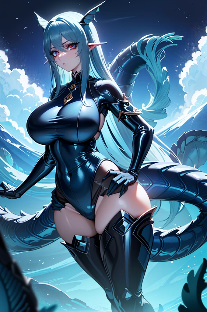 ((sea monster girl)) Masterpiece, best quality, 1 girl, long hair, Beautiful Eyes, Perfect Eyes, ((Dark blue Hair)), ((long hair)), ((Girl with leviathan features, Girl with huge tail , Blue skin, dominating gauze, girl with scales, View of a giant Girl, detailed tail, huge tail, girl with tail, sea creature tail)), ((Standing)), ((posing with hands on hips)), Sexy, Sensual, Cyan Blue eyes, ((Nice Thighs, Huge Boobs, Extra Huge Breasts)), ((Dominant look at viewer)), creatures in the background, giant creatures in the background, adult woman, seductive, big bust, Dominant look at viewer viewer, underwater background, darkness in the background under the ocean, depths of the sea in the background, ((underwater))