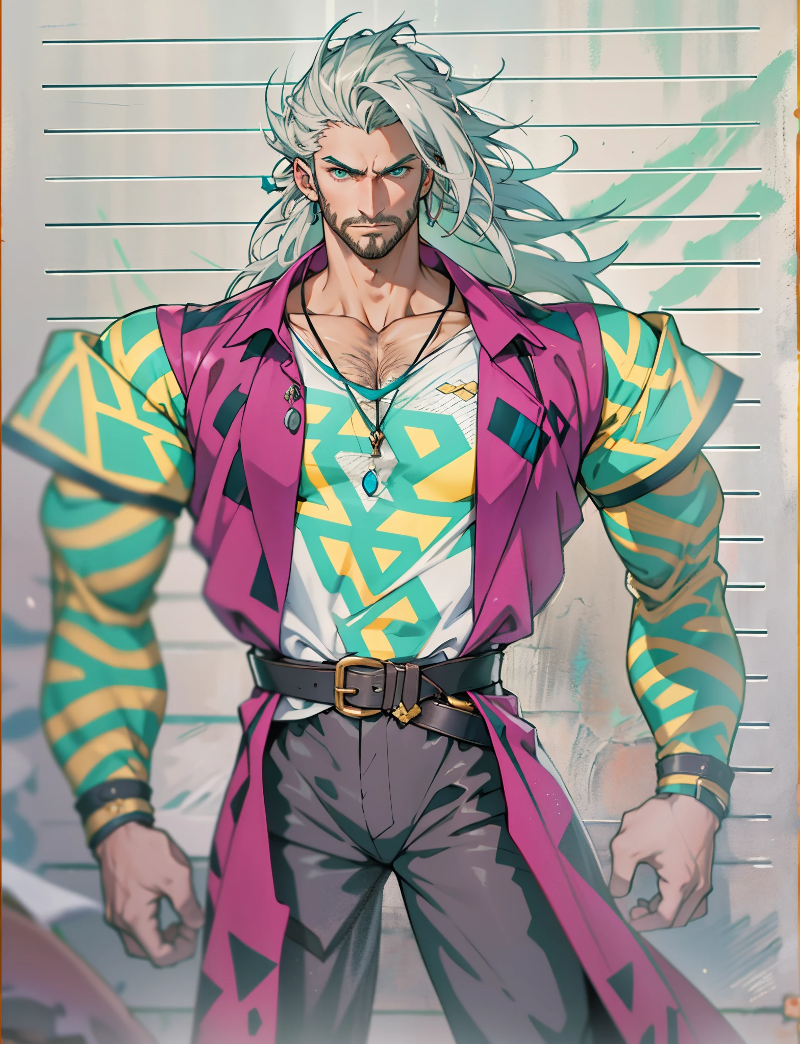 A middle-aged man, long teal hair, wild and disheveled hairstyle, determined gaze, a serious expression, noble features, some stubble, a simple fantasy-style two-piece hunter outfit, a short-sleeved gray shirt, a brown fur-lined coat, a cloth belt cinches his waist, ribbons wrap around his entire arm, coarse fabric pants, stands proudly atop a mountain peak, this character embodies a finely crafted fantasy-style hunter in anime style, exquisite and mature manga art style, full body character drawing, high definition, best quality, highres, ultra-detailed, ultra-fine painting, extremely delicate, professional, anatomically correct, symmetrical face, extremely detailed eyes and face, high quality eyes, creativity, RAW photo, UHD, 8k, Natural light, cinematic lighting, masterpiece-anatomy-perfect, masterpiece:1.5