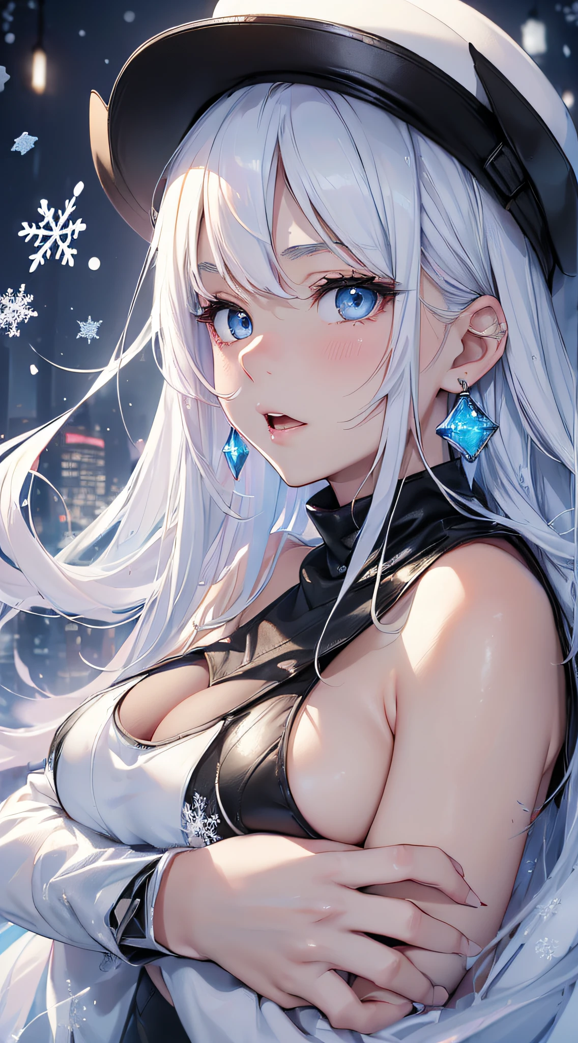 top-quality、Top image quality、masterpiece、girl with((Black tank top、White coat、Black leather pants、、teen ager、cute lit Bust、big bast,Beautiful light blue eyes、Breasts wide open, a blond、A slender,Large valleys、belligerent movements,Hugging gestures、dye one's cheeks red、shivering、Laugh、sapphire earrings、White breath、Hats)),hiquality、Beautiful Art、Background with((ice burn city、snowflakes falling、Heavy snow falls)))、masutepiece、depth of fields,8K