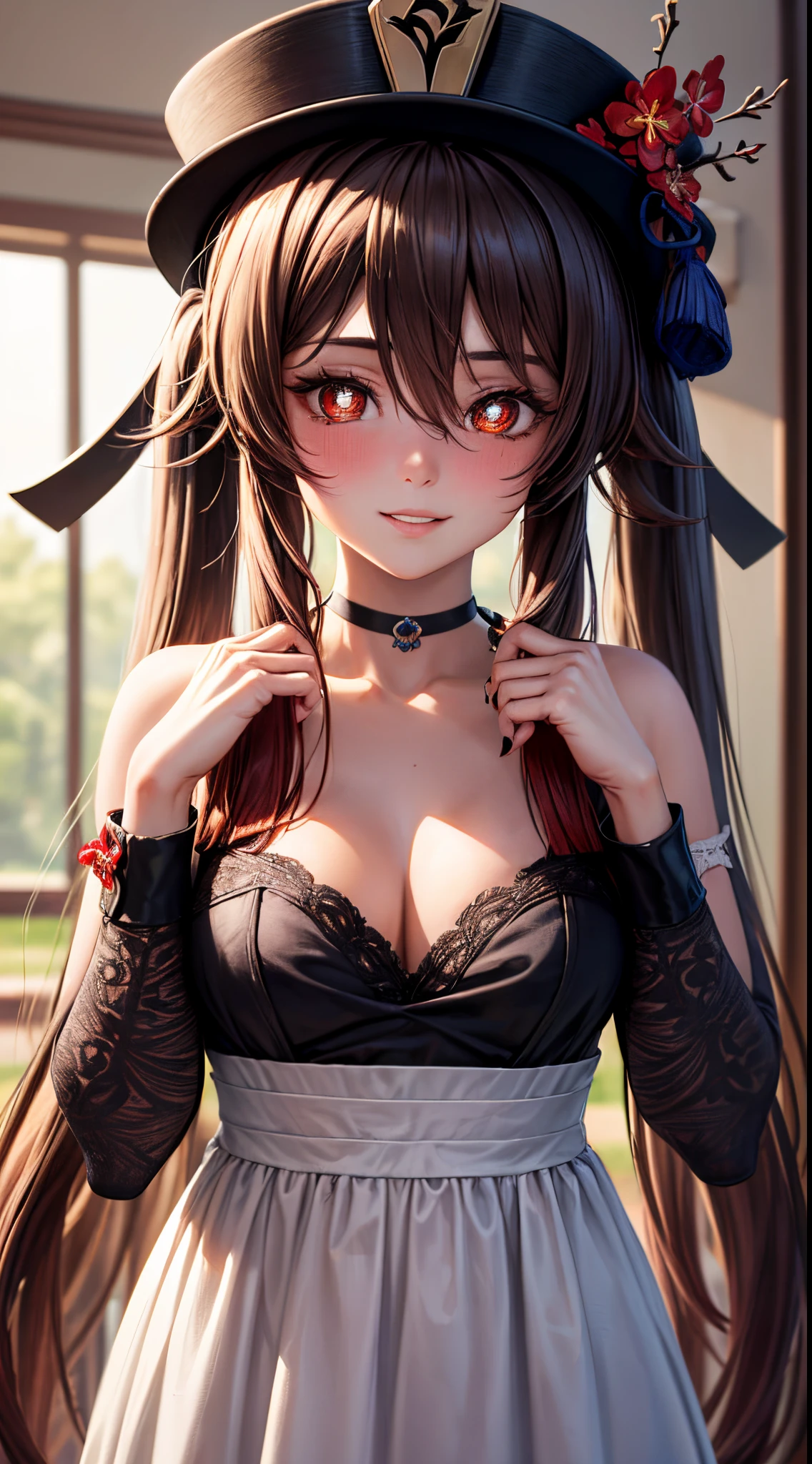 masterpiece:1.2, best quality), realistic, (real picture, intricate details, depth of field), (1girl, solo), make up, parted lips, highly-detailed, perfect face, (skindentation), glossy coral lips, Hu Tao from genshin impact,high-detailed hands ultra realistic 8k cg, masterpiece, ((ultra detailed background, delicate pattern, intricate detail)), looking at viewer, red eyes, flower-shaped pupils, blush, bangs, , choker, collarbone, solo, nail polish, black nails, ribbon choker, bow, hair between eyes, hair ornament, sidelocks, cleavag ribbon, very long hair, hat, flower on hat, brown hair, twintails, smile blush on face