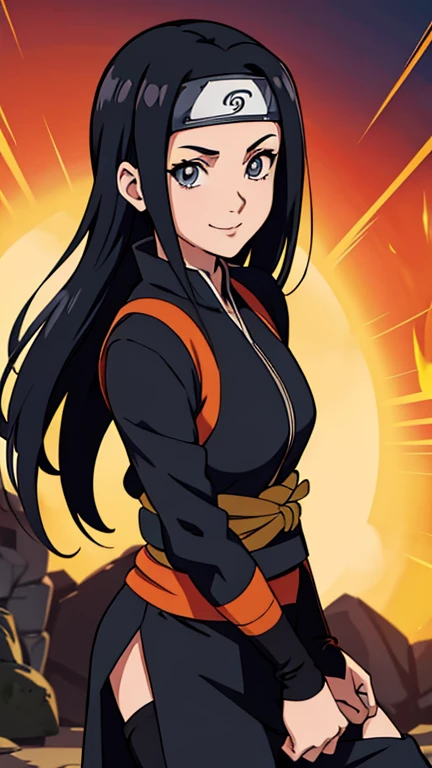 Naruto Shippuden anime screencap of one adult girl, Ninja of Konoha Village, wearing Konoha headband, with with black hair, hair lenght until bust, straight hair, hair parted in center of head, round face. hairstyle with a center part, that the hair should be parted down the middle, creating a symmetrical look without any frontal hair covering the forehead. Ninja. Looking at viewer, smiling