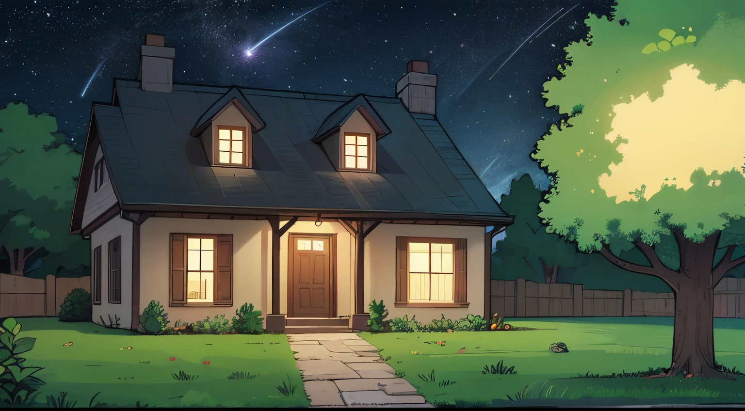 grass, side of a house, no lights on the house, dark sky, dark night, stars, a tree close up view