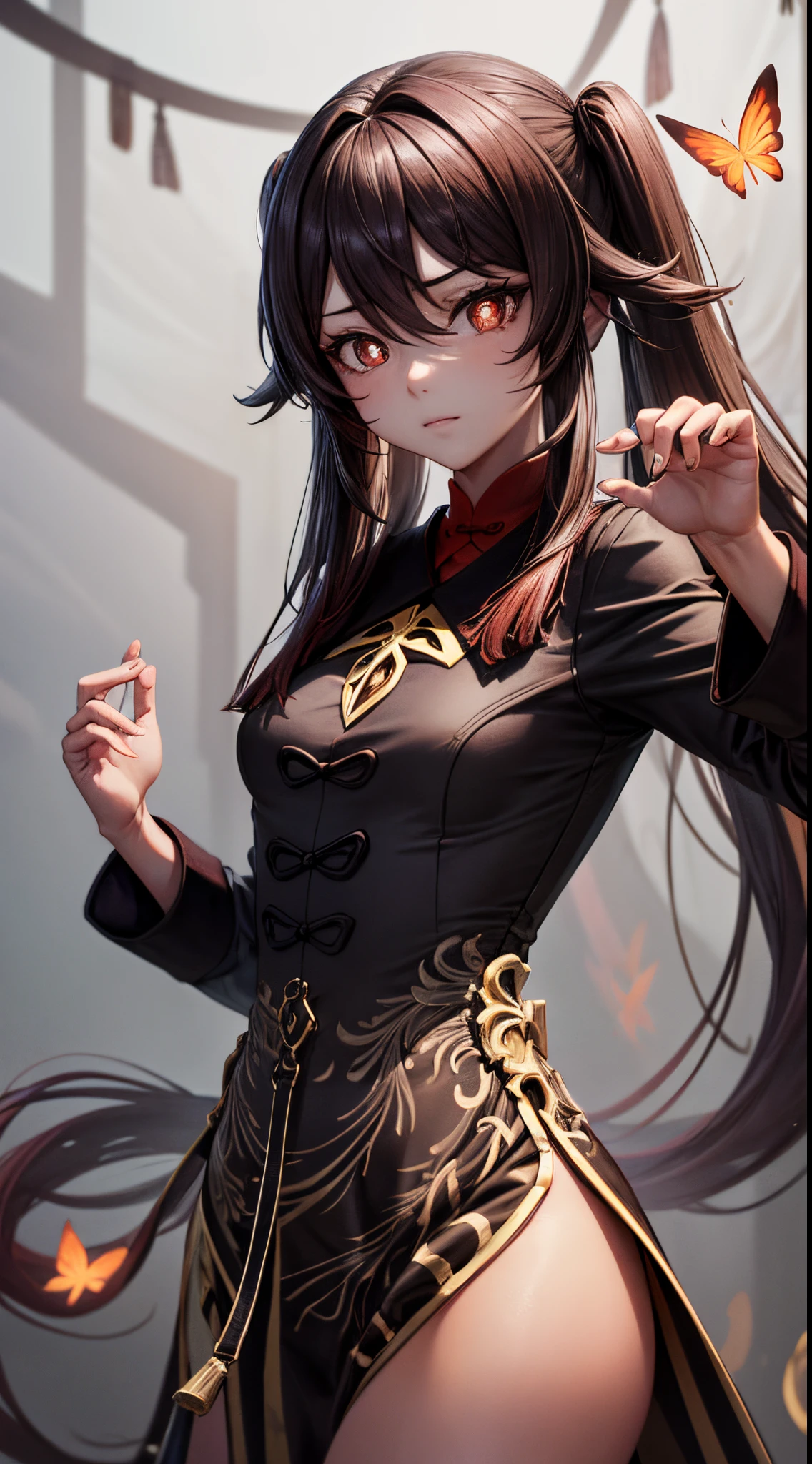1girl, masterpiece, best quality, extremly detailed, Cinematic lighting, intricate detail, highres, official art, finely detailed beautiful face and eyes, high resolution illustration, 8k, dark intense shadows, overexposure, brown hair, cowboy shot, looking at viewer, (detailed hand:1.2), ancient chinese city, fire, butterfly, red_butterfly, sexy pose, hu tao(genshin impact),boo tao,symbol shaped pupils, (masterpiece), red eyes, long hair, chain background,